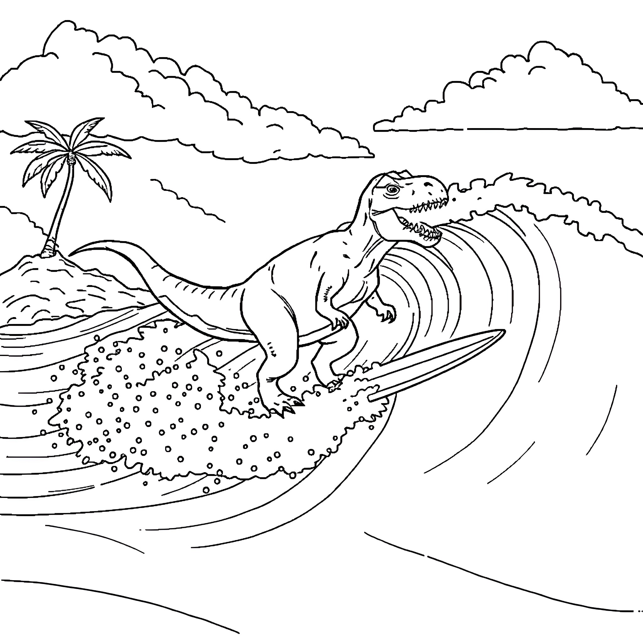 Dinosaur surfing amidst tropical waves Coloring Page (free black-and-white line drawing printable PDF for all, from beginners to advanced learners, including children, teens, adults, and seniors)
