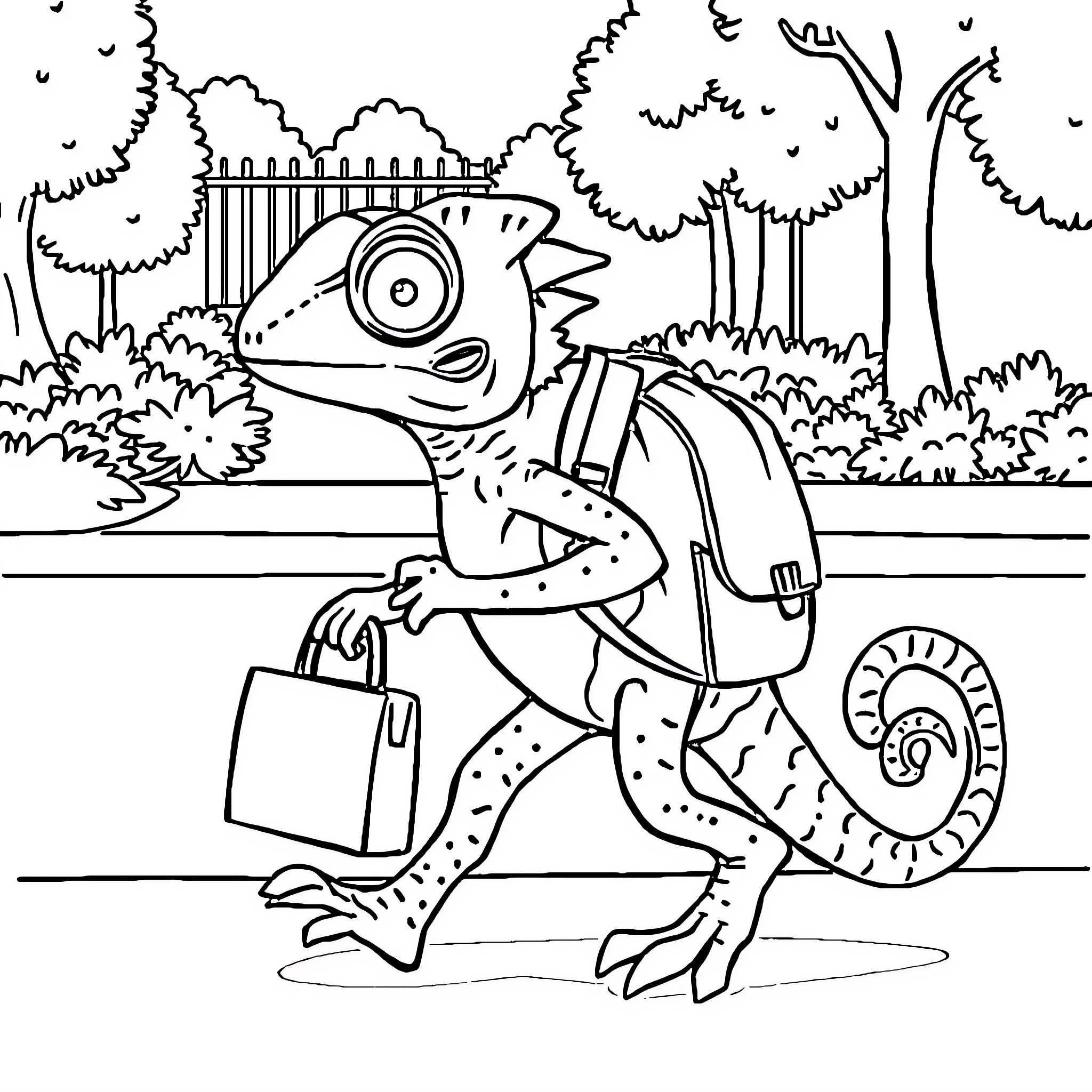 Chameleon walking with a backpack in the park Coloring Page (free black-and-white line drawing printable PDF for all, from beginners to advanced learners, including children, teens, adults, and seniors)