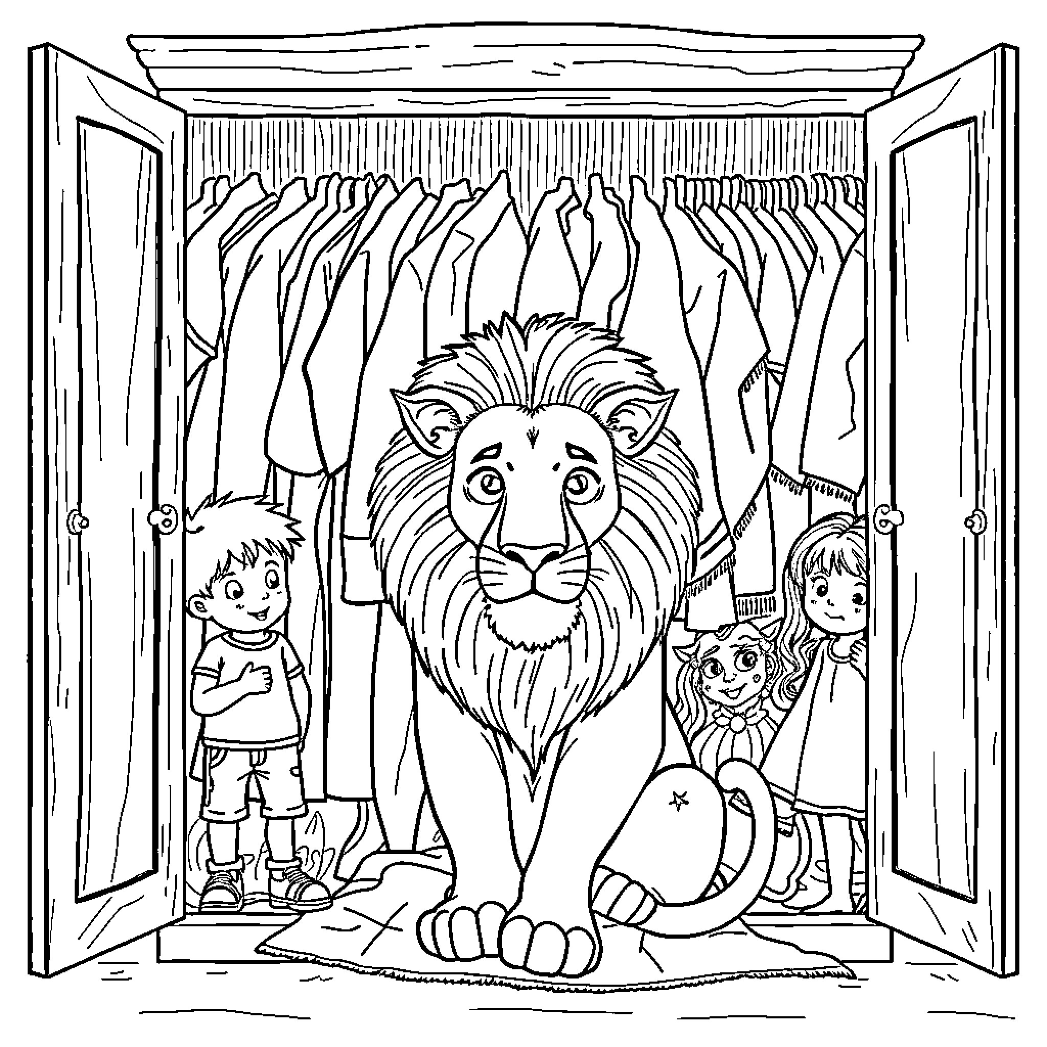 Wardrobe filled with playful characters Coloring Page (free black-and-white line drawing printable PDF for all, from beginners to advanced learners, including children, teens, adults, and seniors)