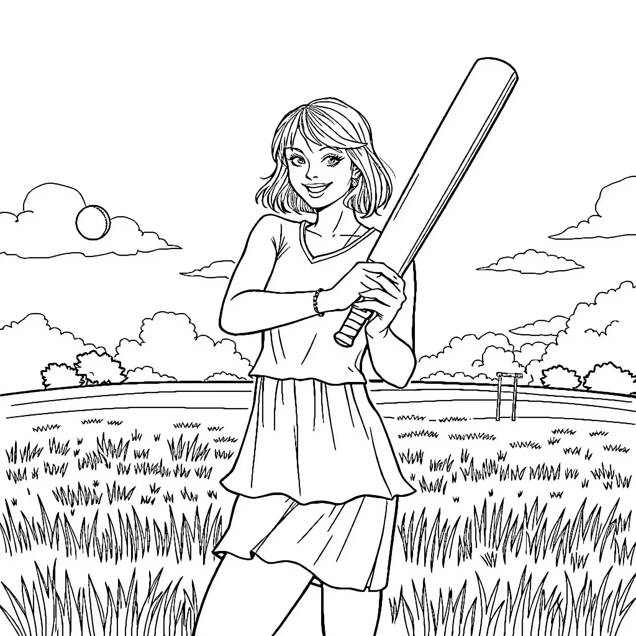Taylor Swift Enjoys Cricket in the Countryside Coloring Page (free black-and-white line drawing printable PDF for all, from beginners to advanced learners, including children, teens, adults, and seniors)
