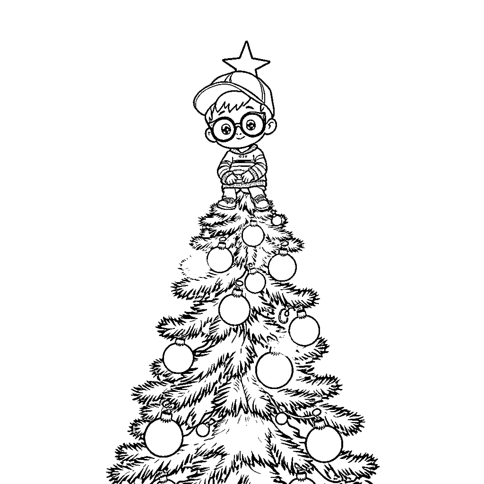 Boy decorating a Christmas tree Coloring Page (free black-and-white line drawing printable PDF for all, from beginners to advanced learners, including children, teens, adults, and seniors)