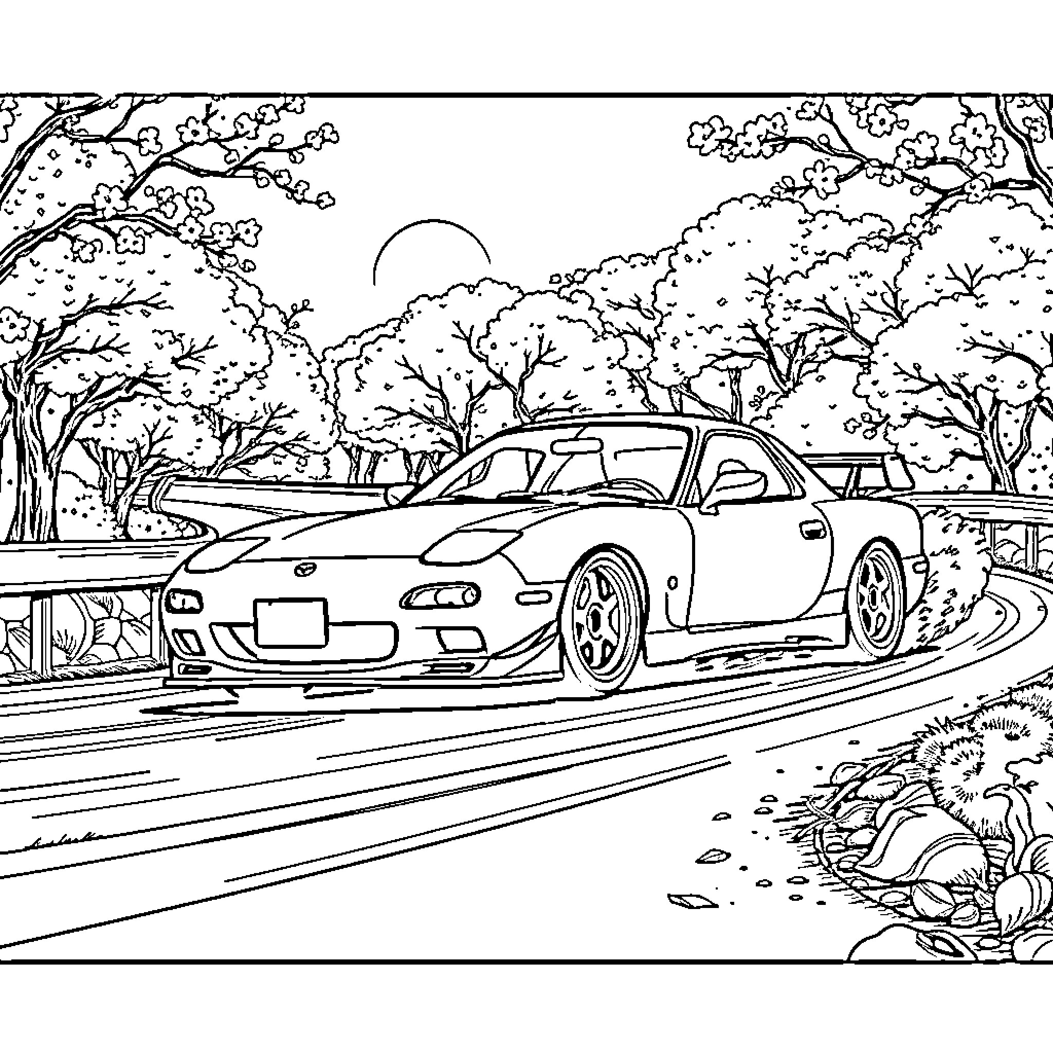 Mazda RX-7 speeding through scenic countryside Coloring Page (free black-and-white line drawing printable PDF for all, from beginners to advanced learners, including children, teens, adults, and seniors)