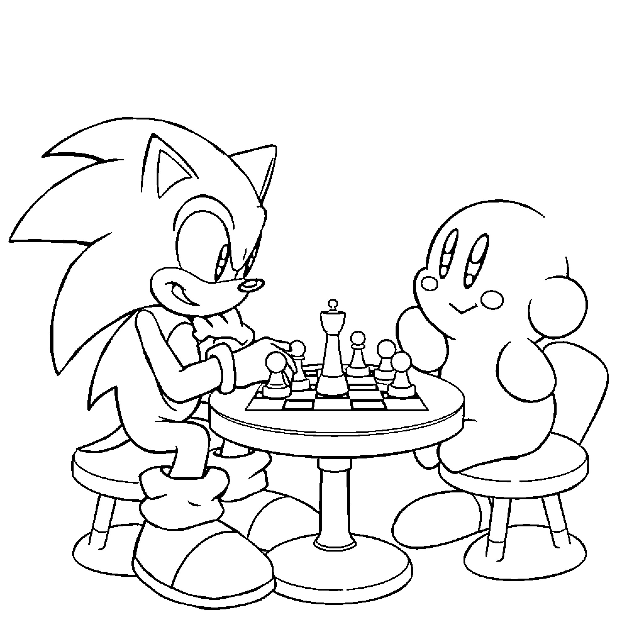 Sonic playing chess with friends Coloring Page (free black-and-white line drawing printable PDF for all, from beginners to advanced learners, including children, teens, adults, and seniors)