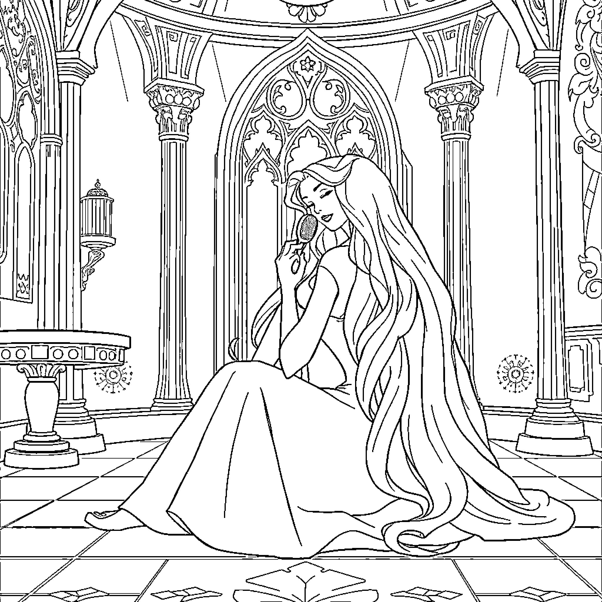 Sleeping Beauty resting peacefully in the palace Coloring Page (free black-and-white line drawing printable PDF for all, from beginners to advanced learners, including children, teens, adults, and seniors)