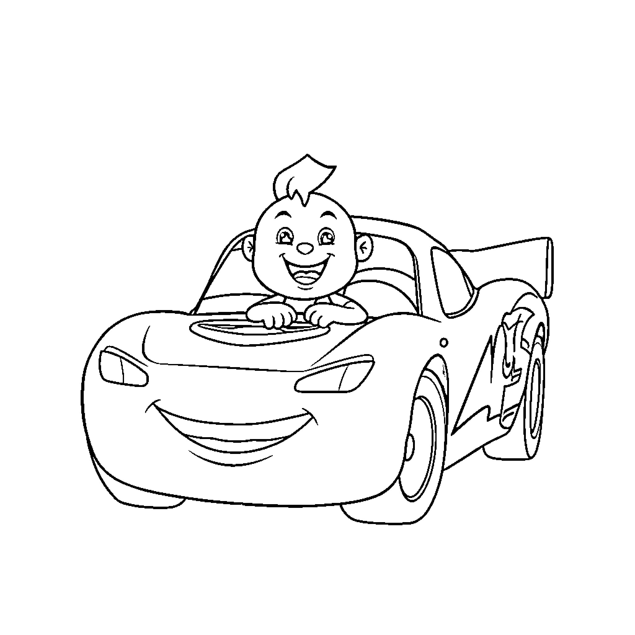 Pocoyo driving a happy car Coloring Page (free black-and-white line drawing printable PDF for all, from beginners to advanced learners, including children, teens, adults, and seniors)