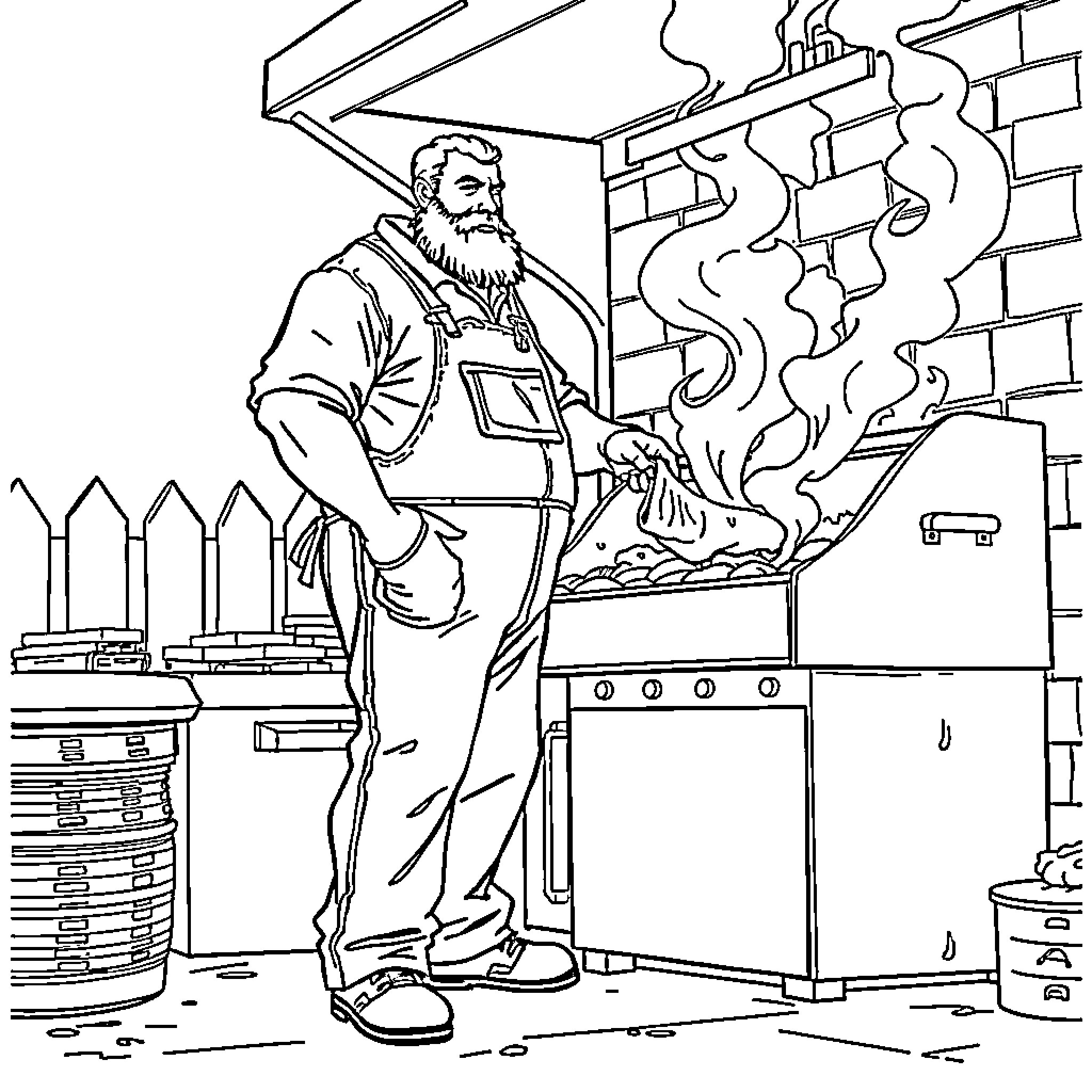 Man cooking a meal in a rustic kitchen Coloring Page (free black-and-white line drawing printable PDF for all, from beginners to advanced learners, including children, teens, adults, and seniors)