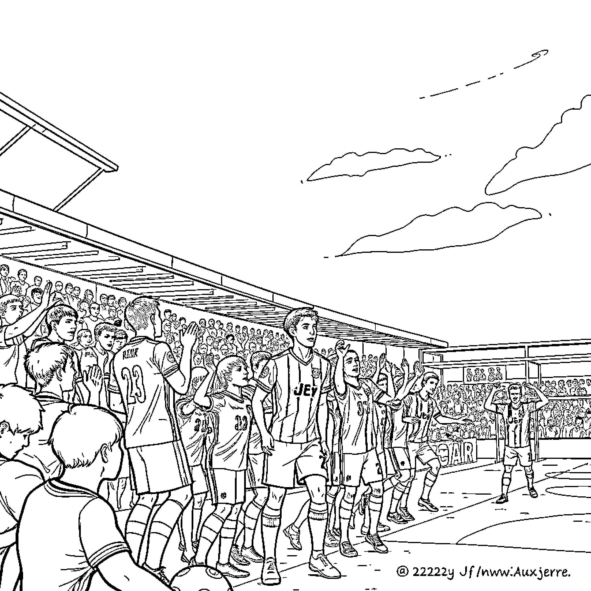 Aj Auxerre team celebrating on the field Coloring Page (free black-and-white line drawing printable PDF for all, from beginners to advanced learners, including children, teens, adults, and seniors)