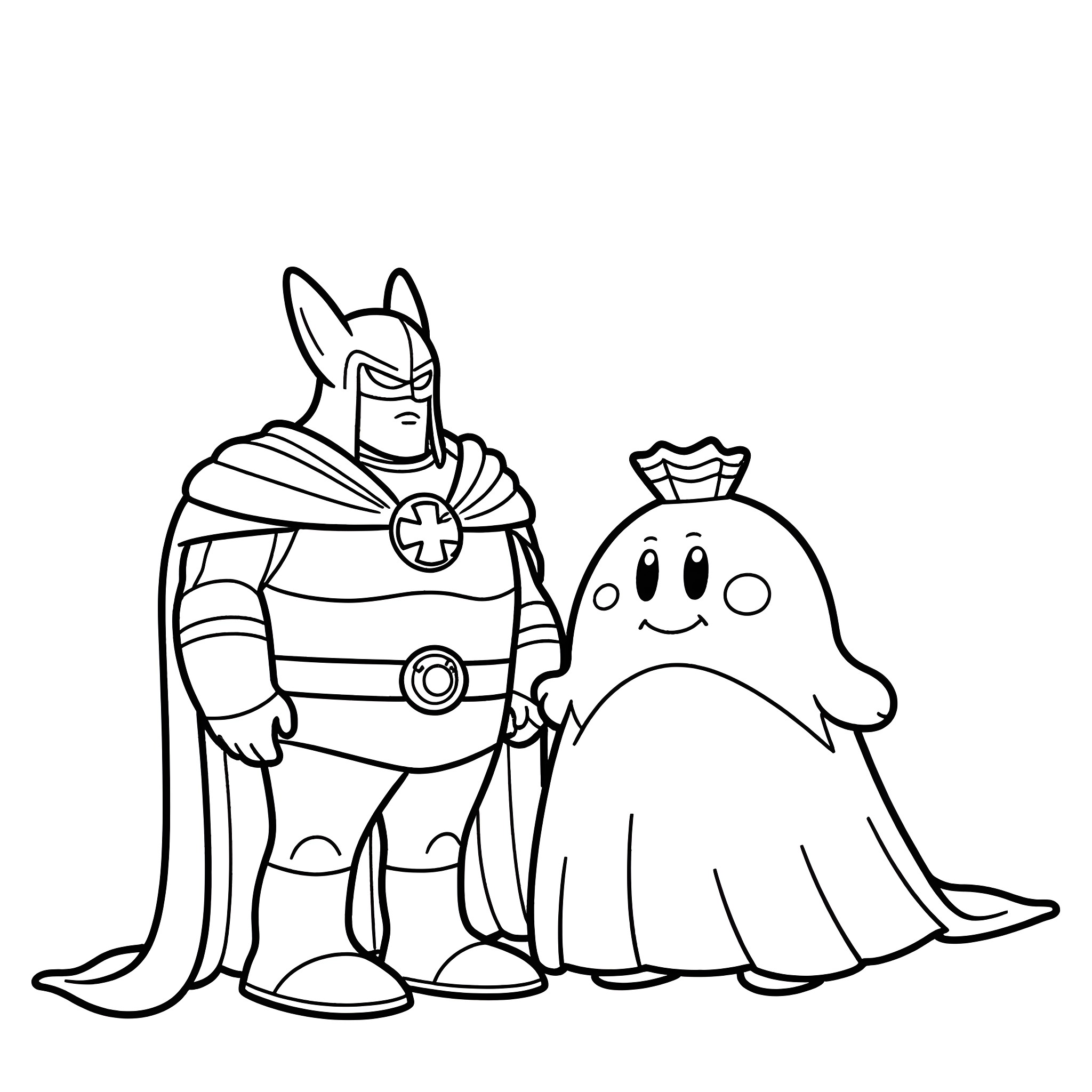 Dr. Doom and the Friendly Ghost Coloring Page (free black-and-white line drawing printable PDF for all, from beginners to advanced learners, including children, teens, adults, and seniors)