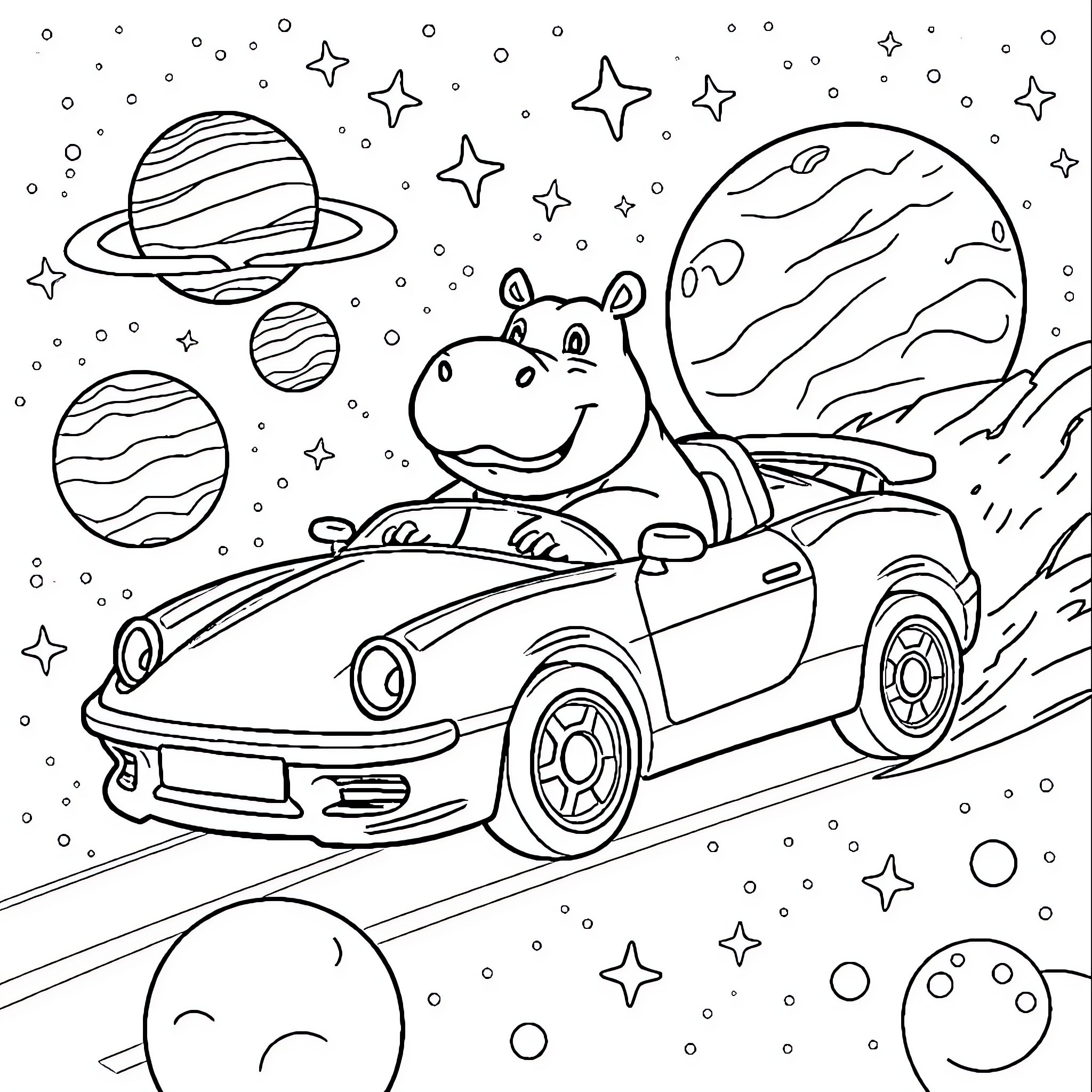 Hippo cruising through the galactic void Coloring Page (free black-and-white line drawing printable PDF for all, from beginners to advanced learners, including children, teens, adults, and seniors)