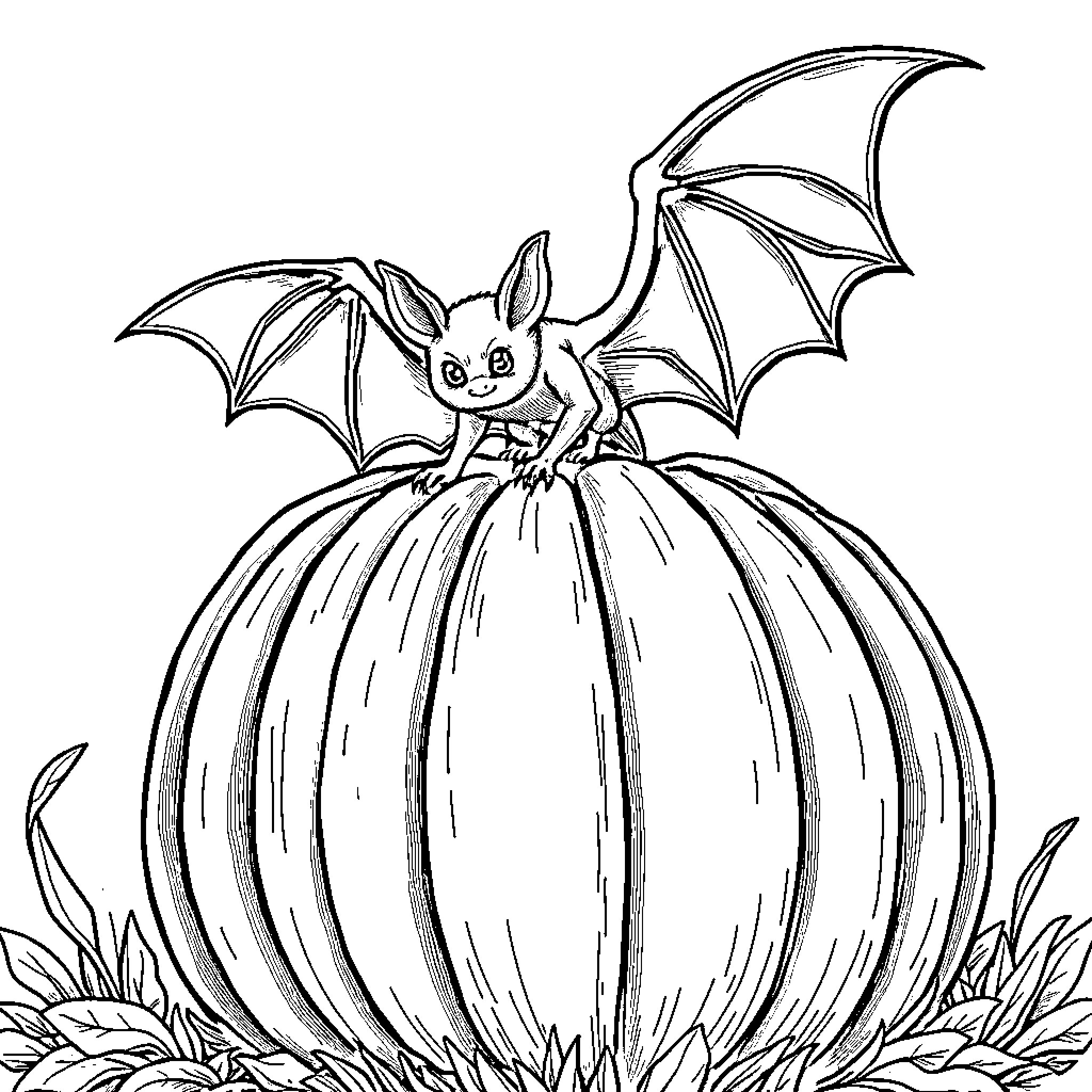 Bat perched on a pumpkin in the grass Coloring Page (free black-and-white line drawing printable PDF for all, from beginners to advanced learners, including children, teens, adults, and seniors)