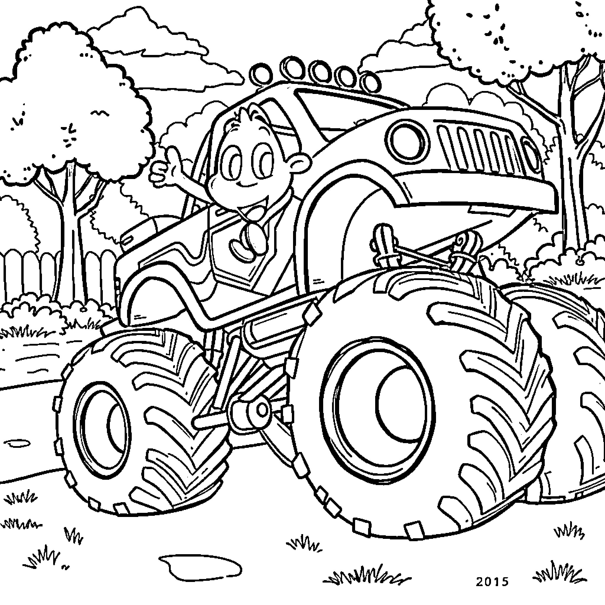 Blue Monster Truck Crushing Through the Countryside Coloring Page (free black-and-white line drawing printable PDF for all, from beginners to advanced learners, including children, teens, adults, and seniors)