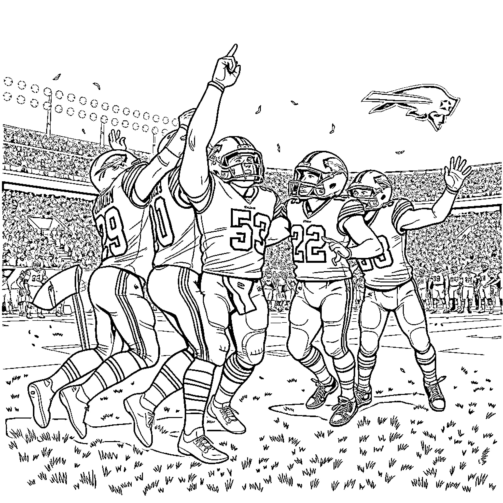Buffalo Players Celebrating Victory in Football Game Coloring Page (free black-and-white line drawing printable PDF for all, from beginners to advanced learners, including children, teens, adults, and seniors)