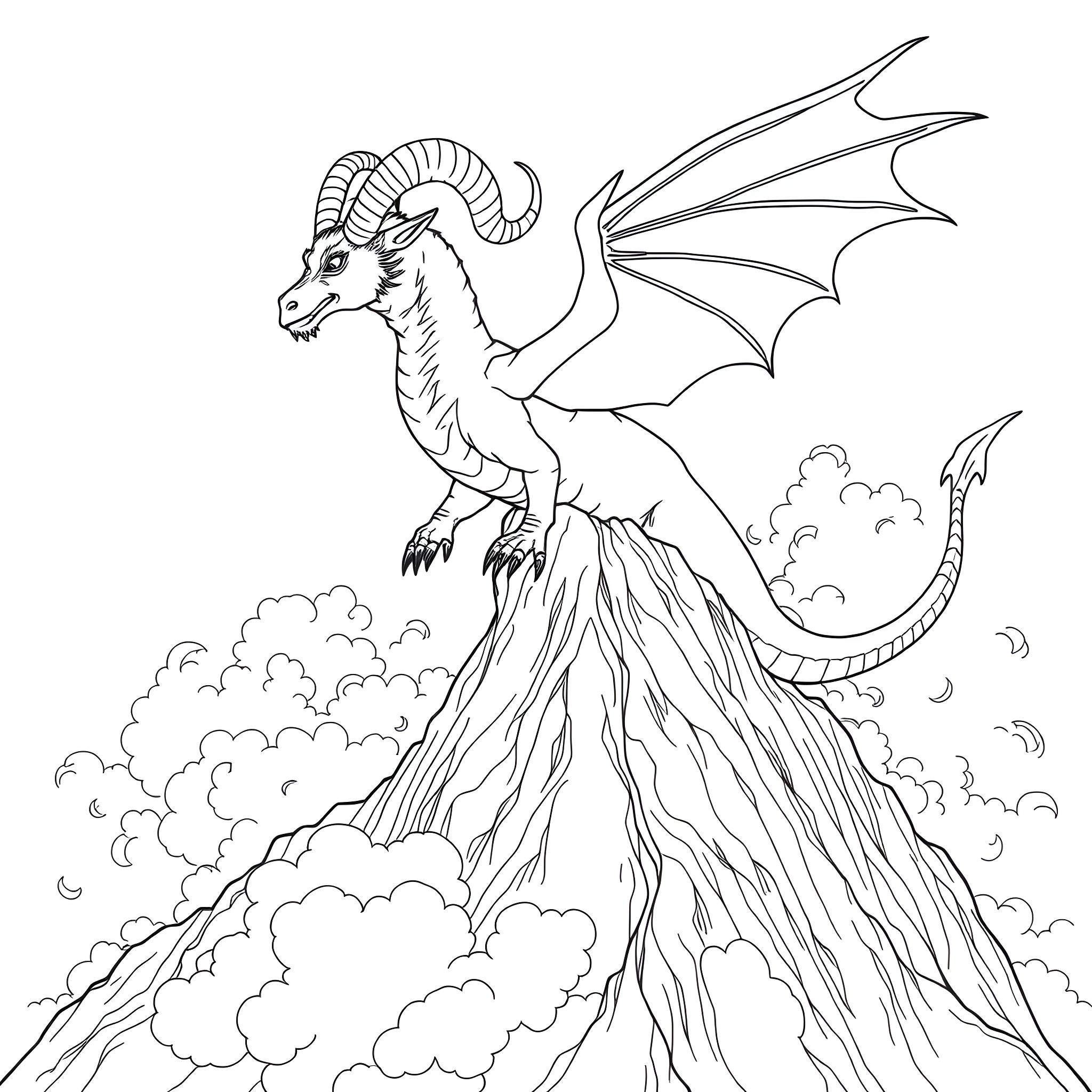 Dragon soaring above the clouds in the sky Coloring Page (free black-and-white line drawing printable PDF for all, from beginners to advanced learners, including children, teens, adults, and seniors)