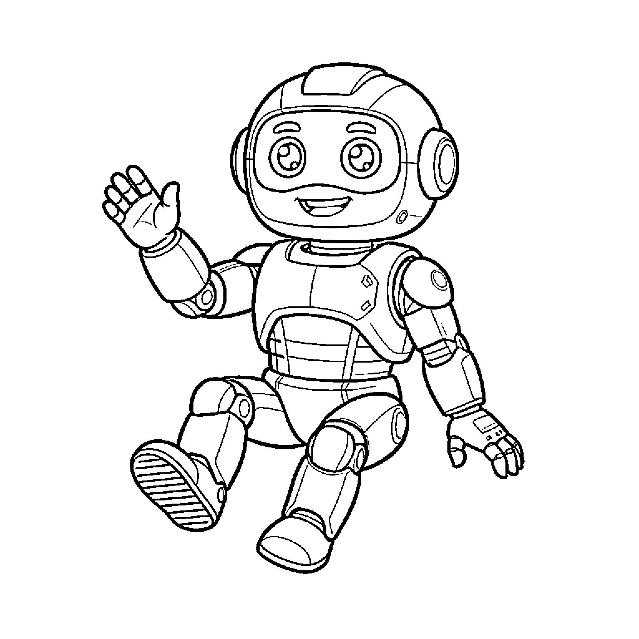 Robot waving happily in cute outfit Coloring Page (free black-and-white line drawing printable PDF for all, from beginners to advanced learners, including children, teens, adults, and seniors)