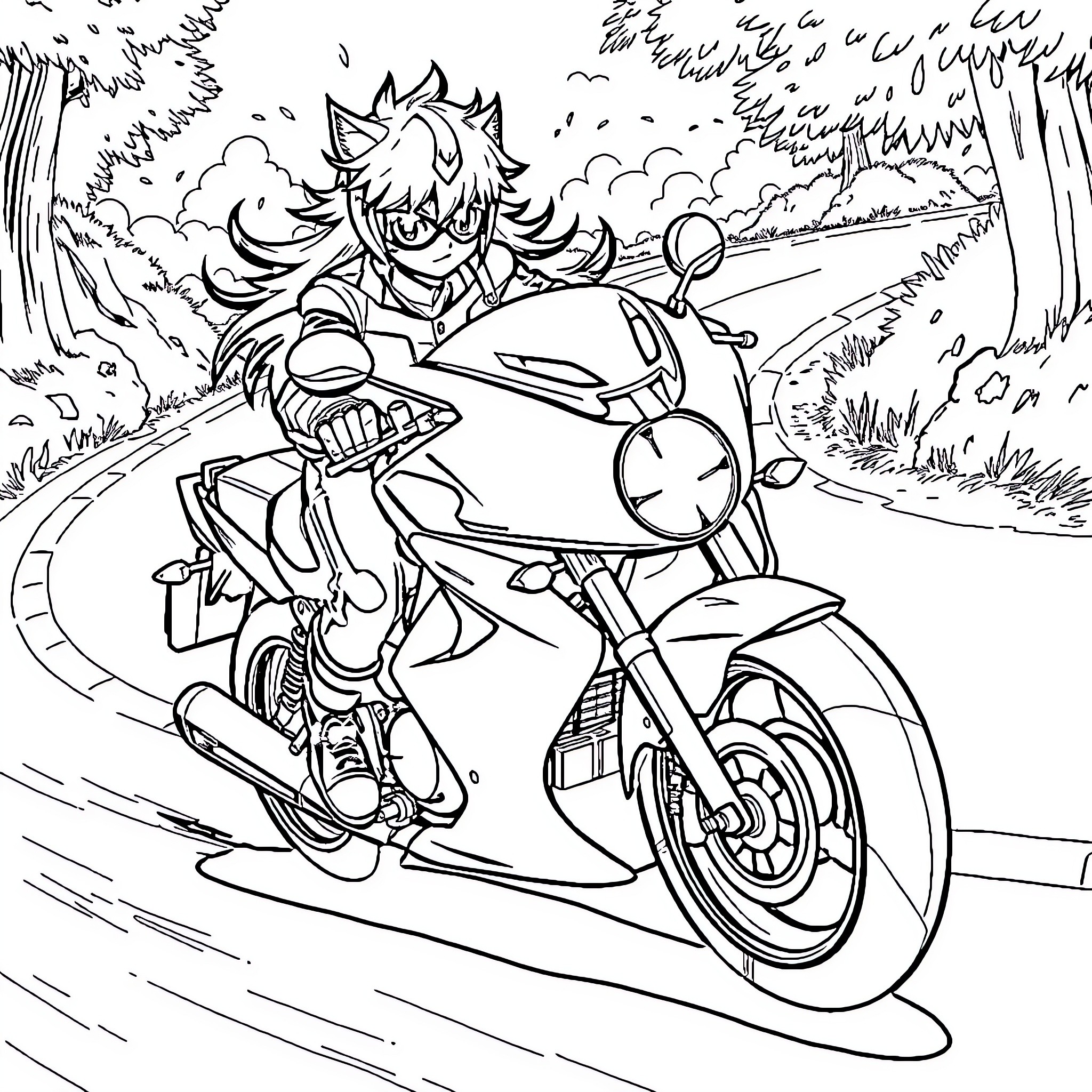 Inu Yasha Riding a Motorcycle through the Forest Coloring Page (free black-and-white line drawing printable PDF for all, from beginners to advanced learners, including children, teens, adults, and seniors)