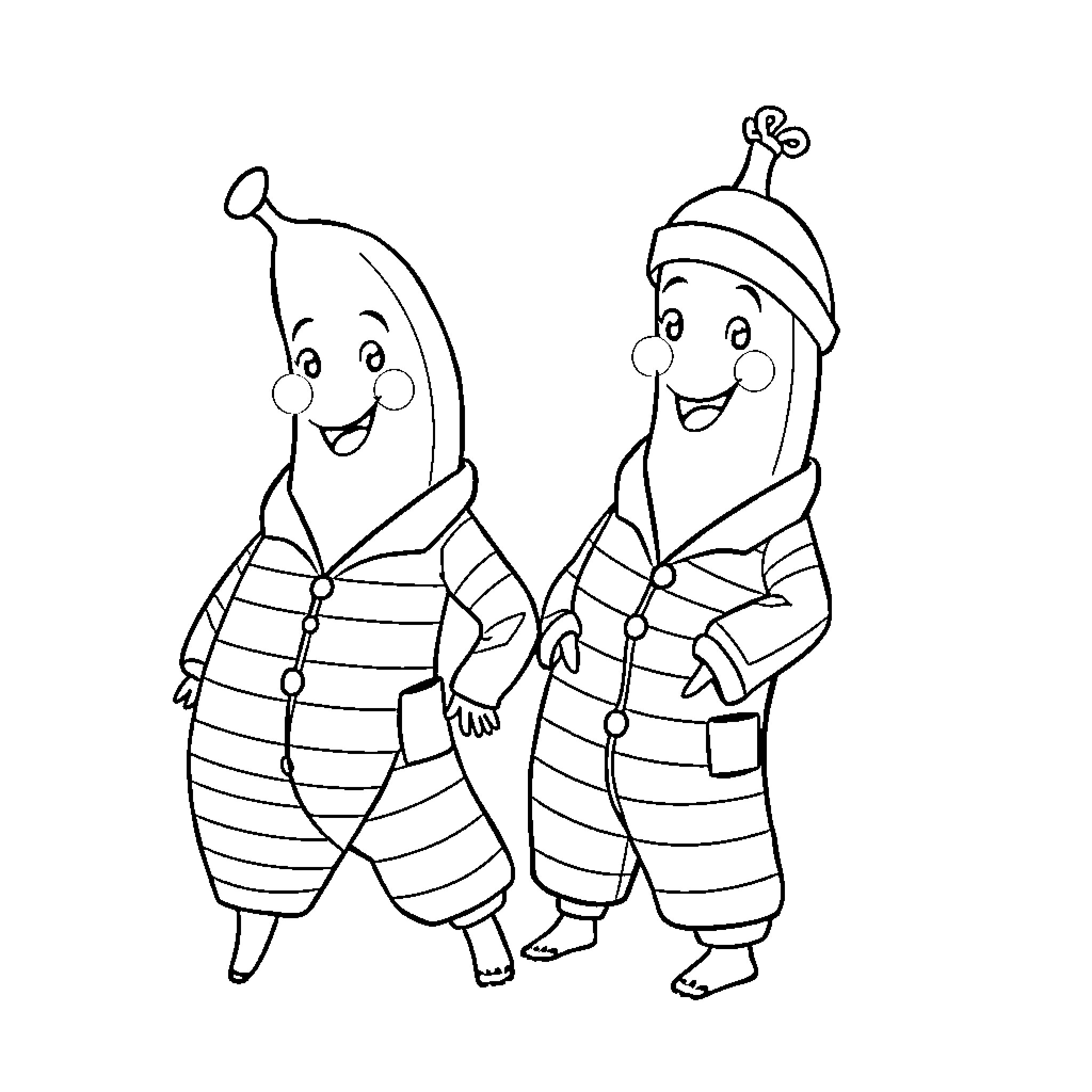 Banana Buddies Having a Jolly Winter Adventure Coloring Page (free black-and-white line drawing printable PDF for all, from beginners to advanced learners, including children, teens, adults, and seniors)