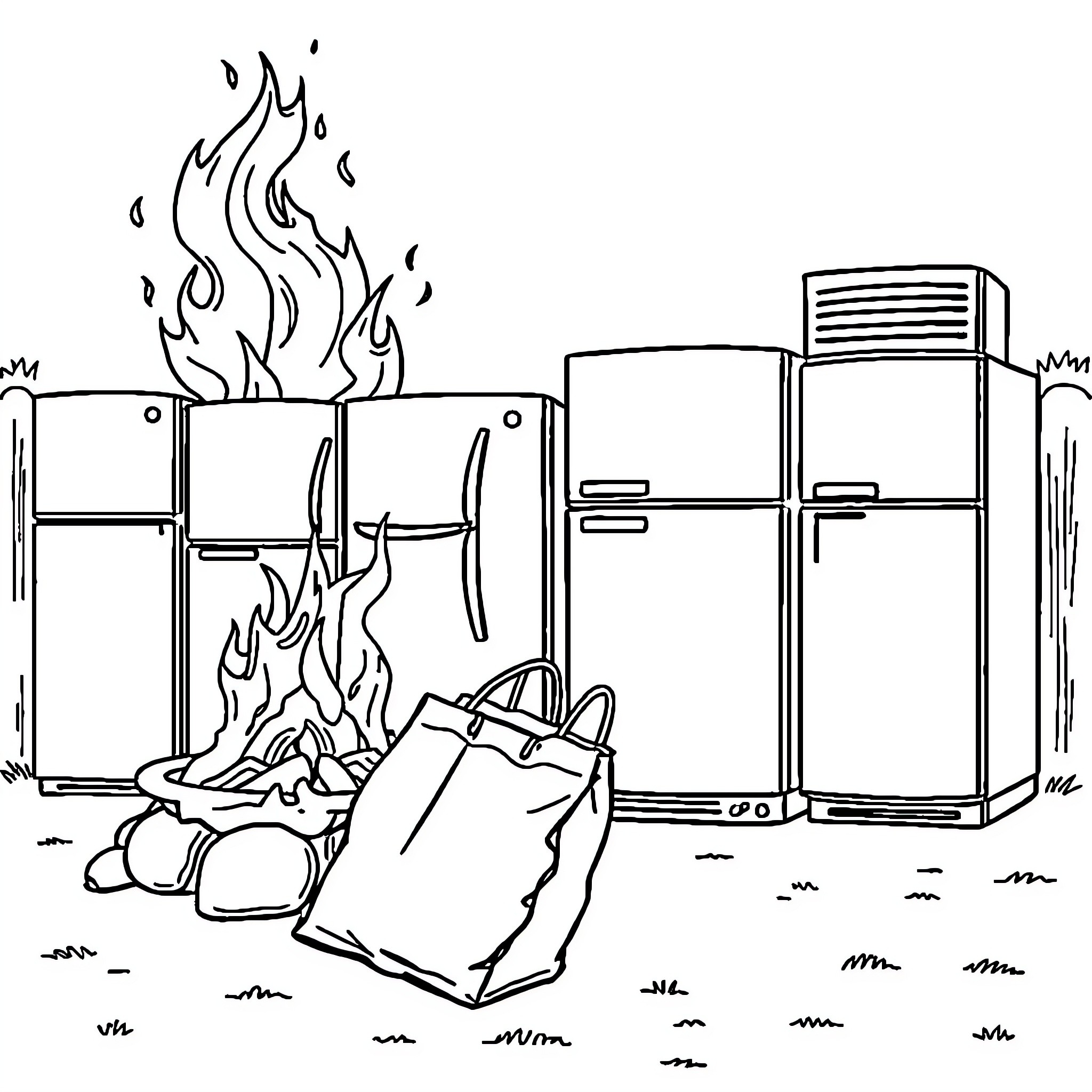 Fridge on fire with belongings in chaos Coloring Page (free black-and-white line drawing printable PDF for all, from beginners to advanced learners, including children, teens, adults, and seniors)