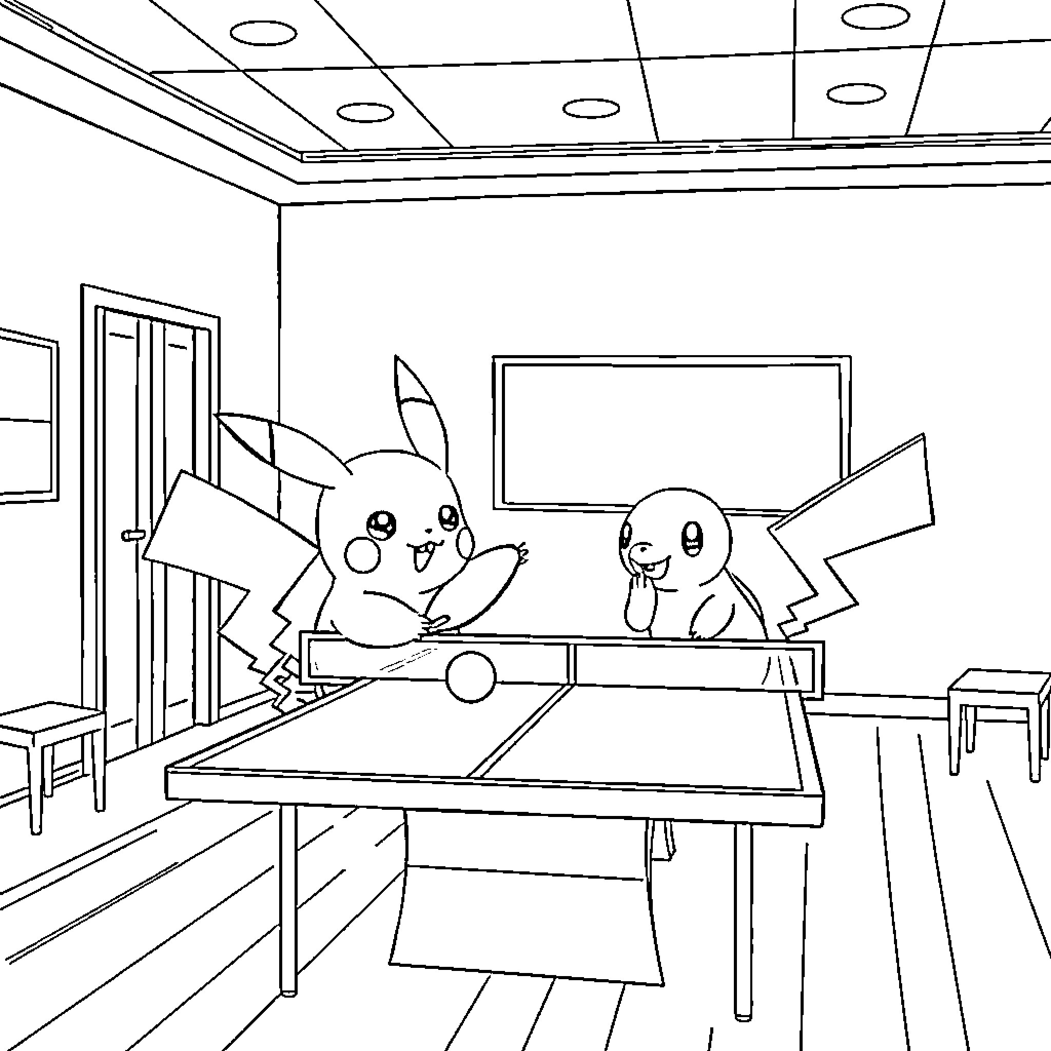 Pikachu playing ping pong with Pikachu in the room Coloring Page (free black-and-white line drawing printable PDF for all, from beginners to advanced learners, including children, teens, adults, and seniors)