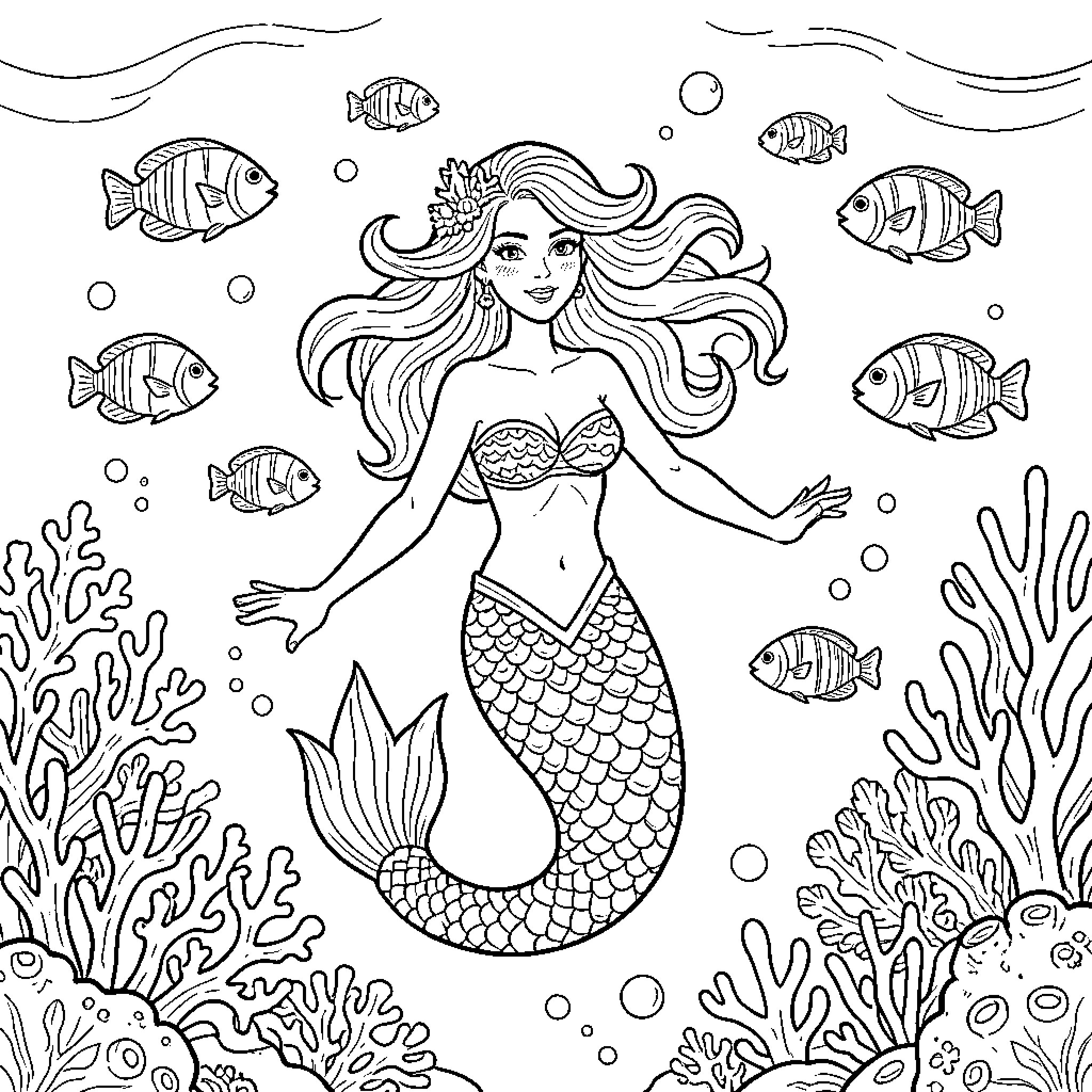 Mermaid swimming gracefully among coral and fish Coloring Page (free black-and-white line drawing printable PDF for all, from beginners to advanced learners, including children, teens, adults, and seniors)
