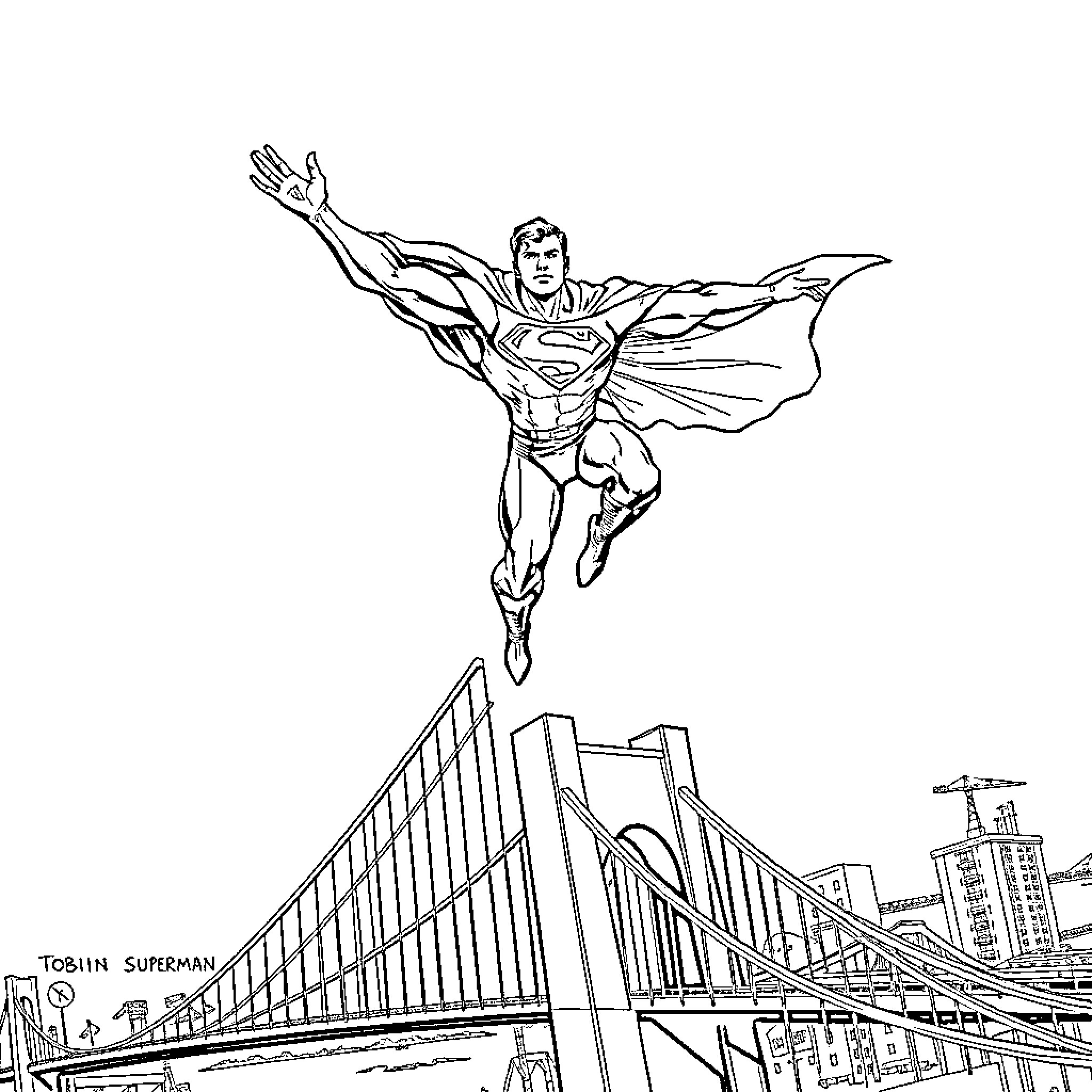 Superman soaring above the city skyline Coloring Page (free black-and-white line drawing printable PDF for all, from beginners to advanced learners, including children, teens, adults, and seniors)