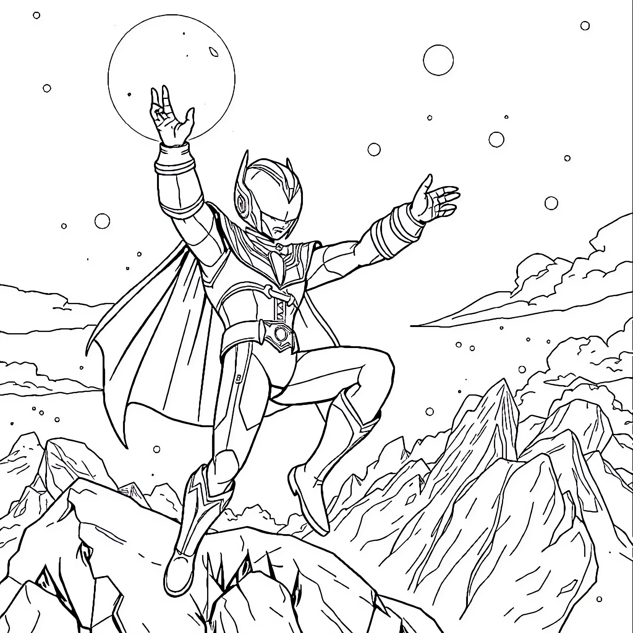 Ultraman Heroically Soaring Through the Cosmic Landscape Coloring Page (free black-and-white line drawing printable PDF for all, from beginners to advanced learners, including children, teens, adults, and seniors)