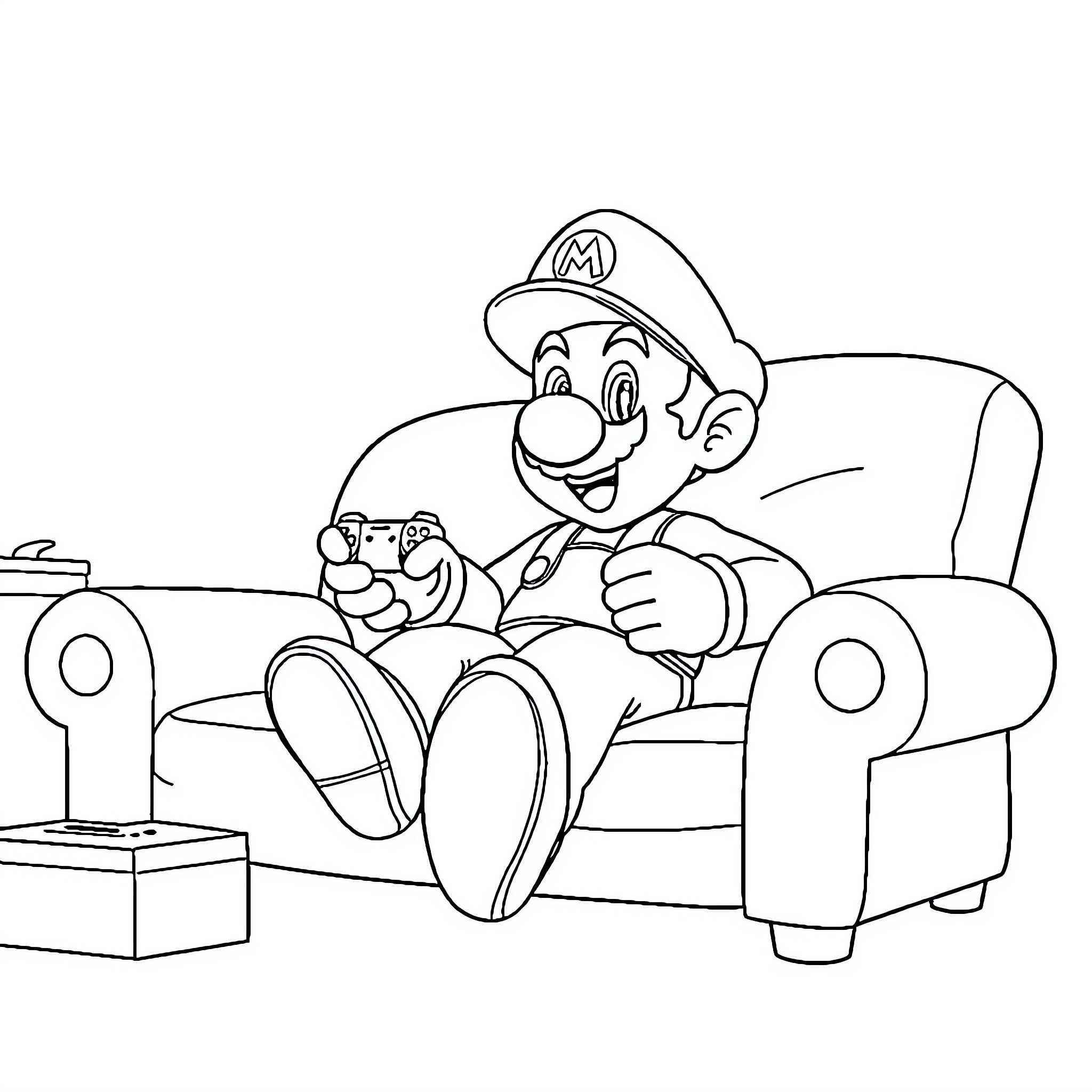 Super Mario Playing Video Games on the Couch Coloring Page (free black-and-white line drawing printable PDF for all, from beginners to advanced learners, including children, teens, adults, and seniors)