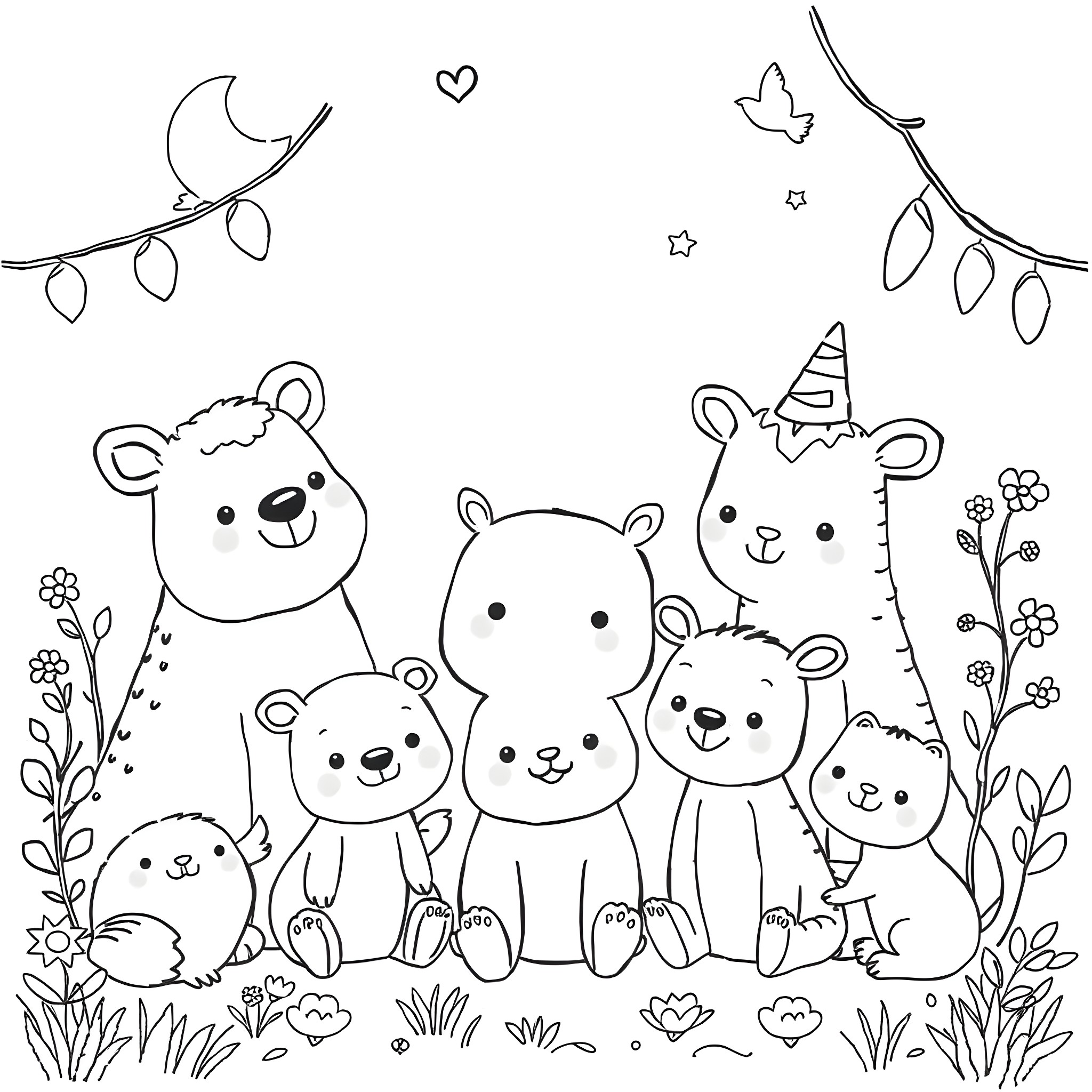 Cute baby animals in a whimsical meadow scene Coloring Page (free black-and-white line drawing printable PDF for all, from beginners to advanced learners, including children, teens, adults, and seniors)