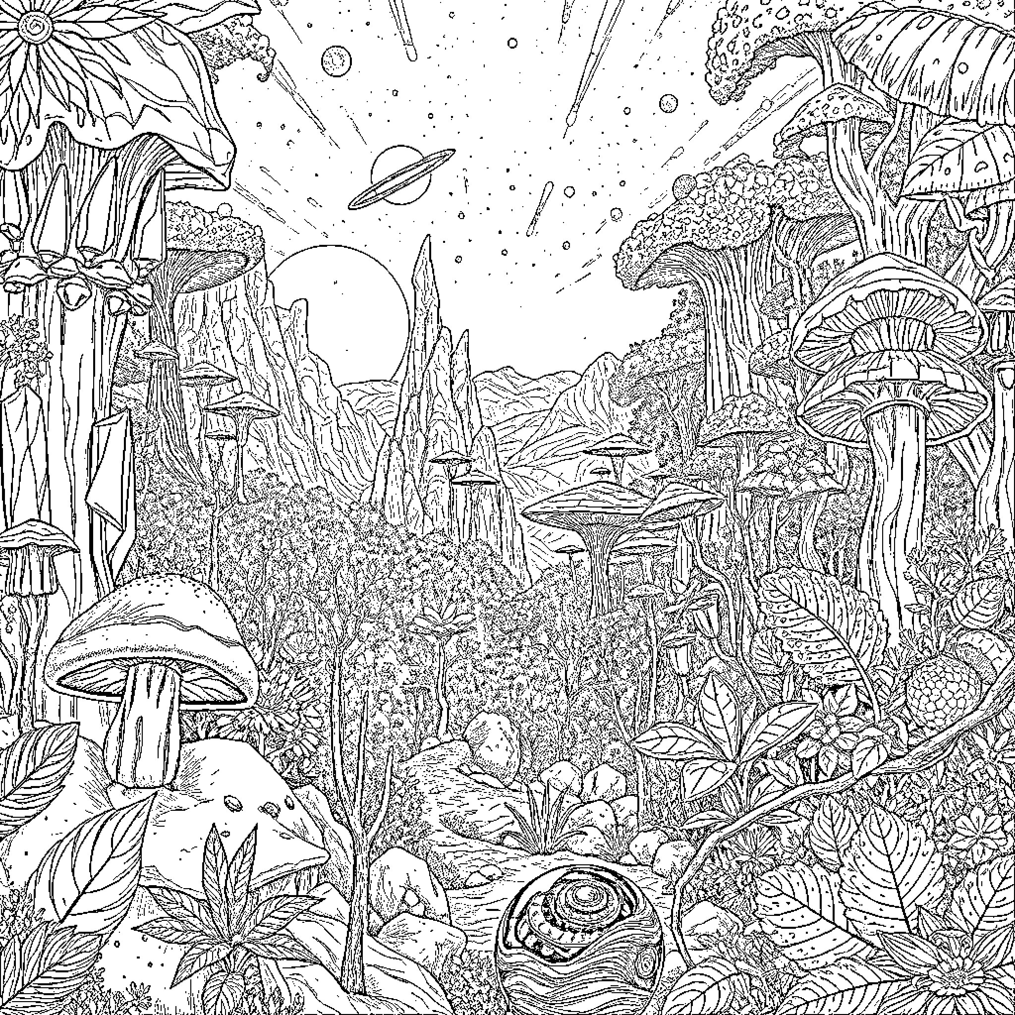 Alien Forest with Fantastical Mushrooms and Vegetation Coloring Page (free black-and-white line drawing printable PDF for all, from beginners to advanced learners, including children, teens, adults, and seniors)
