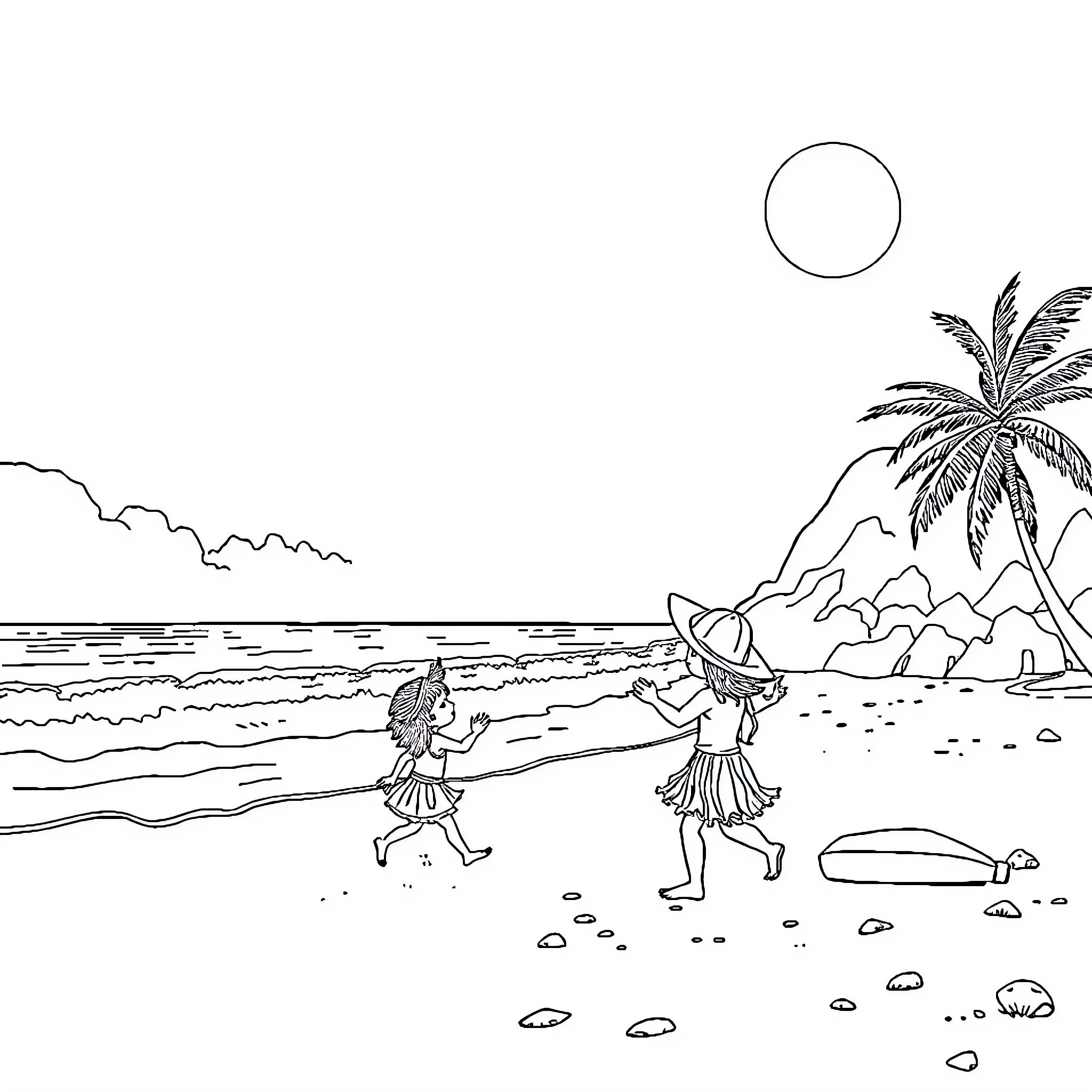 Kogui Girls Exploring Tropical Beach Coloring Page (free black-and-white line drawing printable PDF for all, from beginners to advanced learners, including children, teens, adults, and seniors)