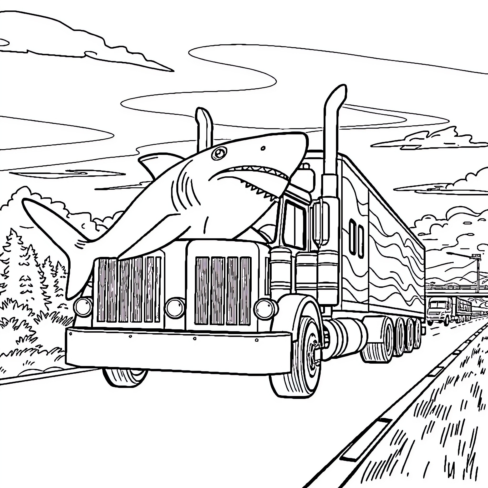 Shark truck driving on the road Coloring Page (free black-and-white line drawing printable PDF for all, from beginners to advanced learners, including children, teens, adults, and seniors)
