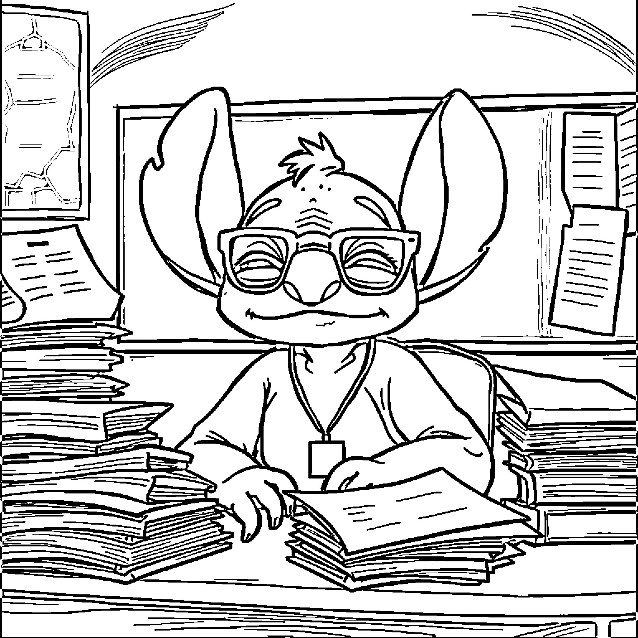 Stitch studying diligently in the library Coloring Page (free black-and-white line drawing printable PDF for all, from beginners to advanced learners, including children, teens, adults, and seniors)