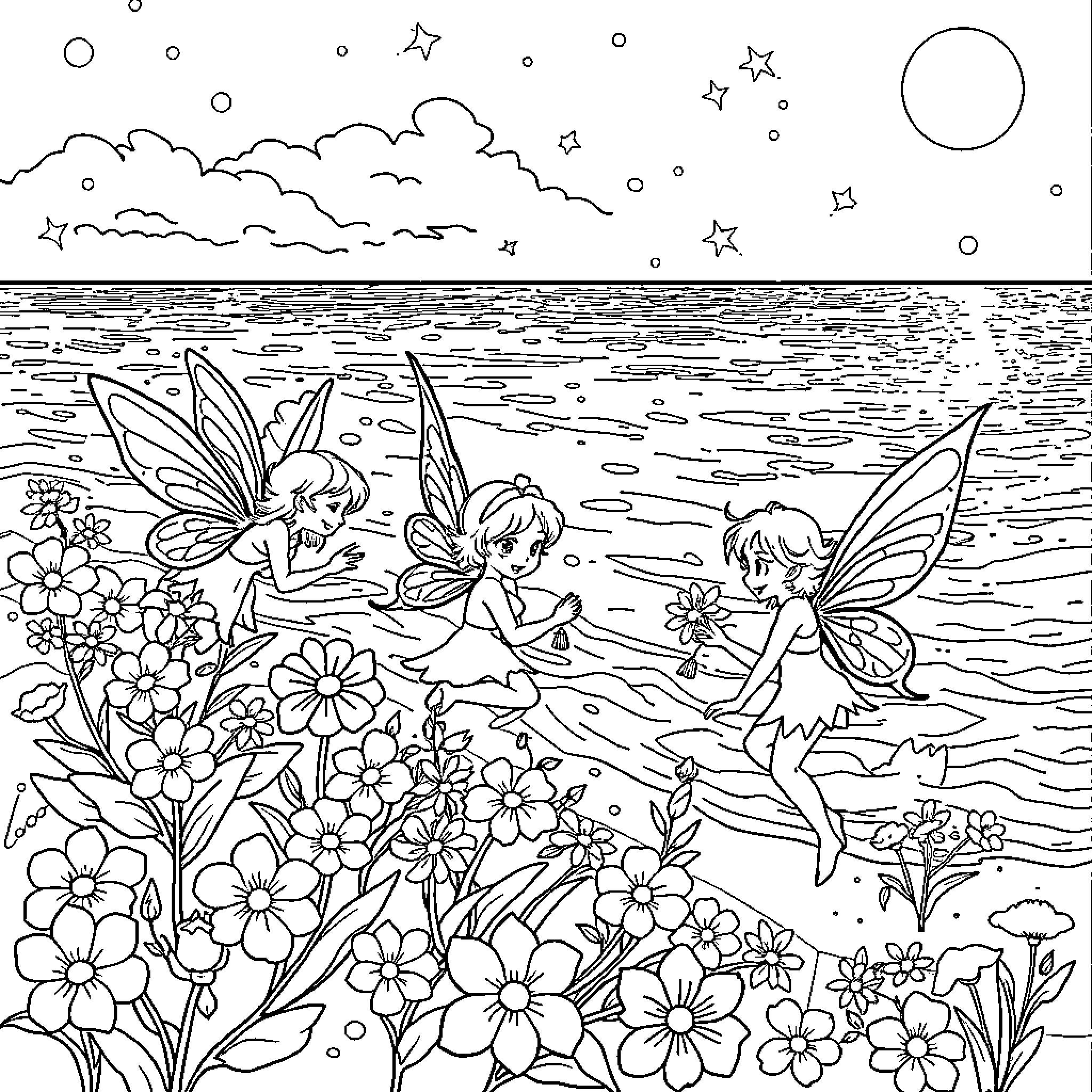 Fairy Sprites Frolicking in Enchanted Meadow Coloring Page (free black-and-white line drawing printable PDF for all, from beginners to advanced learners, including children, teens, adults, and seniors)
