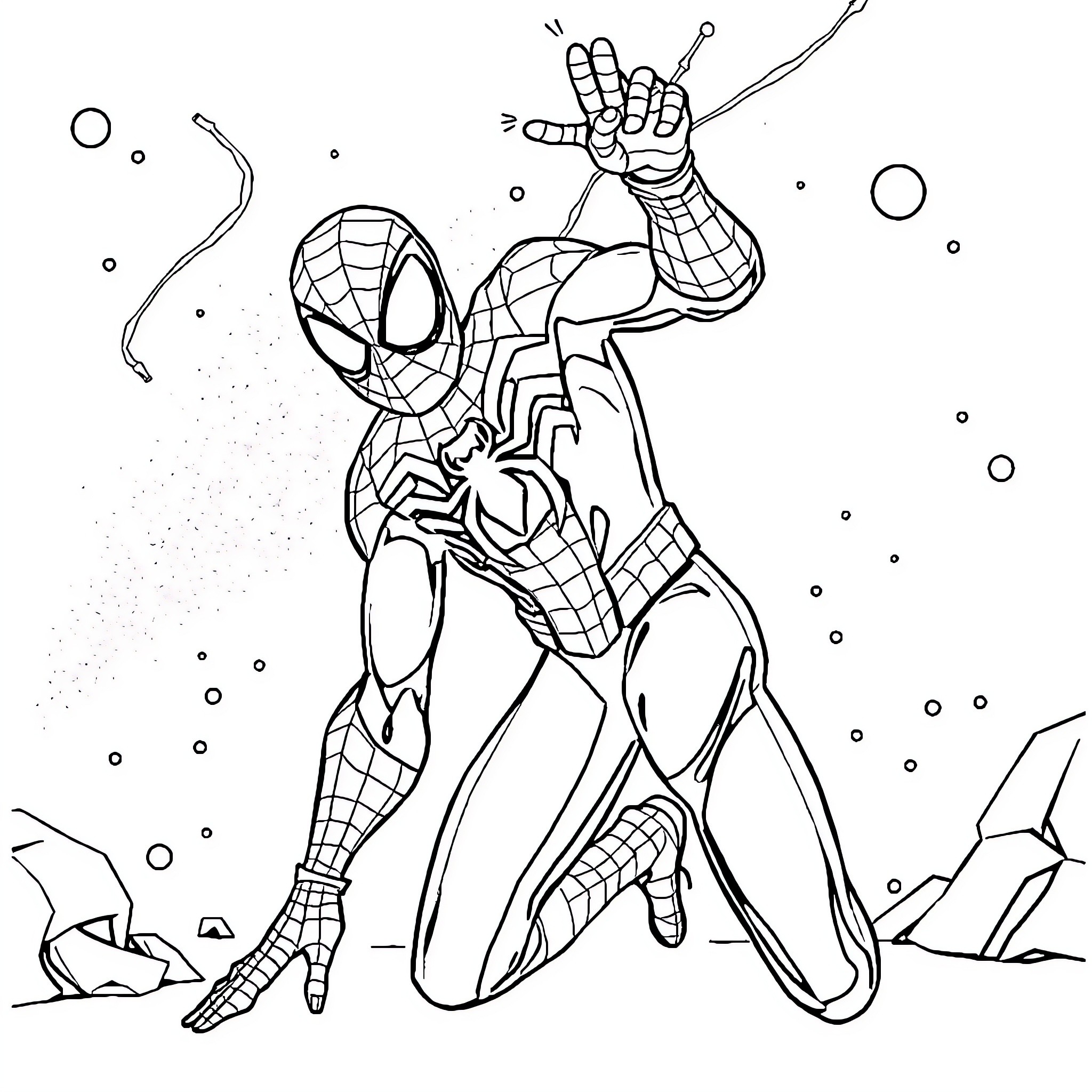 Spidey swinging in action-packed adventure Coloring Page (free black-and-white line drawing printable PDF for all, from beginners to advanced learners, including children, teens, adults, and seniors)