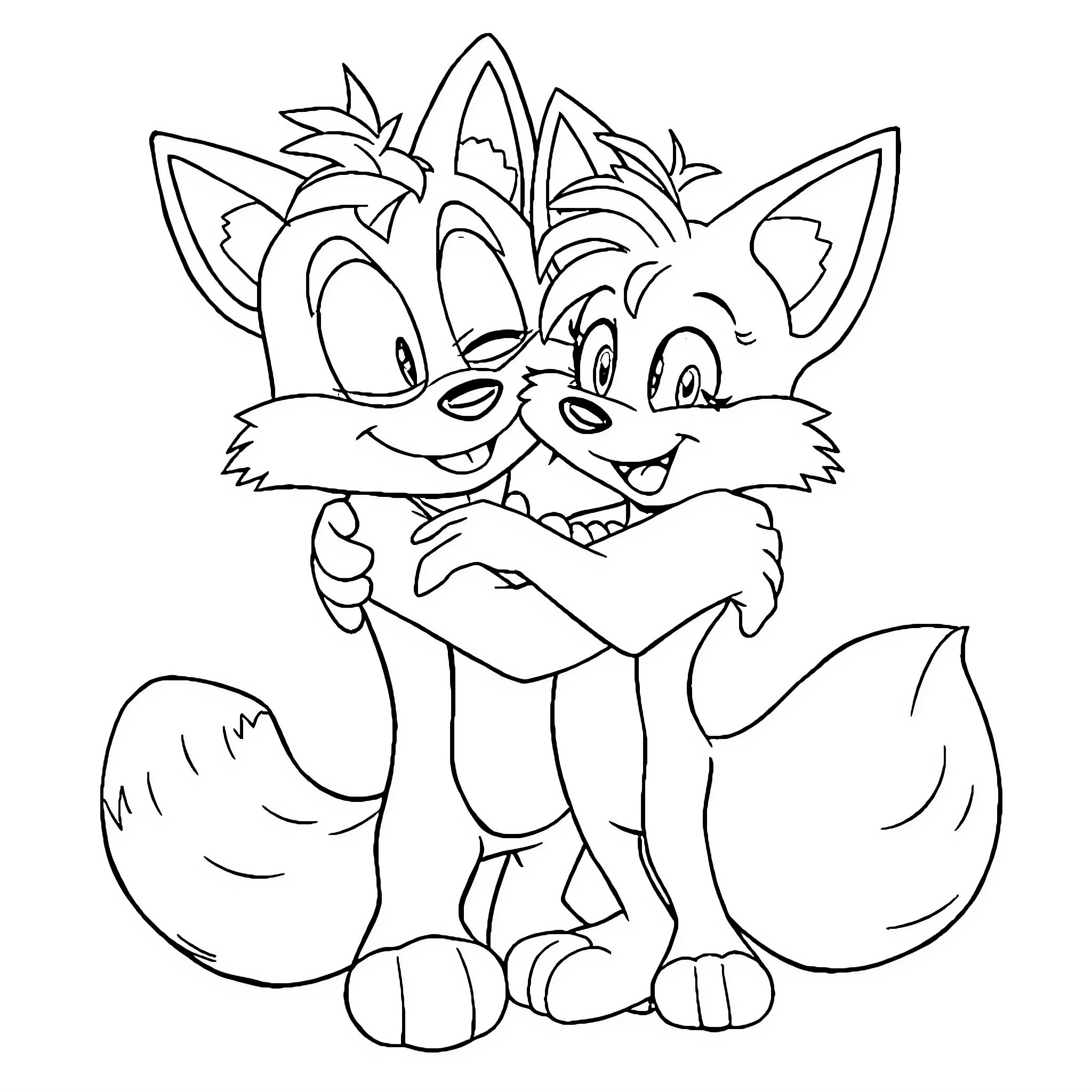 Gnar Playful Cartoon Foxes Embrace Coloring Page (free black-and-white line drawing printable PDF for all, from beginners to advanced learners, including children, teens, adults, and seniors)