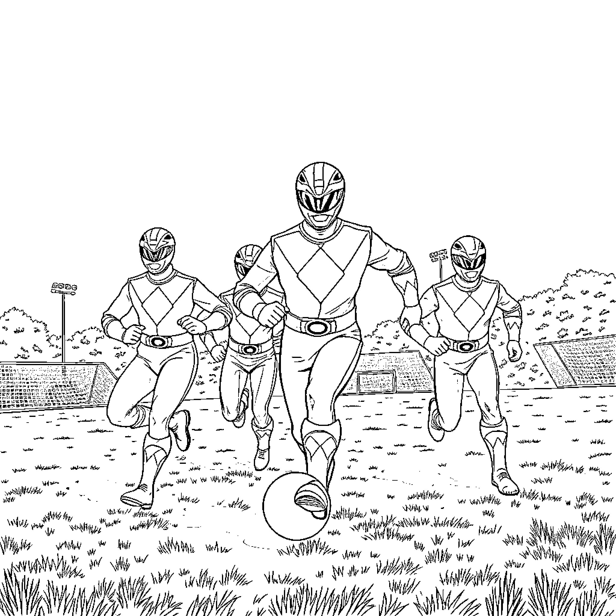 Power Ranger Team in Action Coloring Page (free black-and-white line drawing printable PDF for all, from beginners to advanced learners, including children, teens, adults, and seniors)