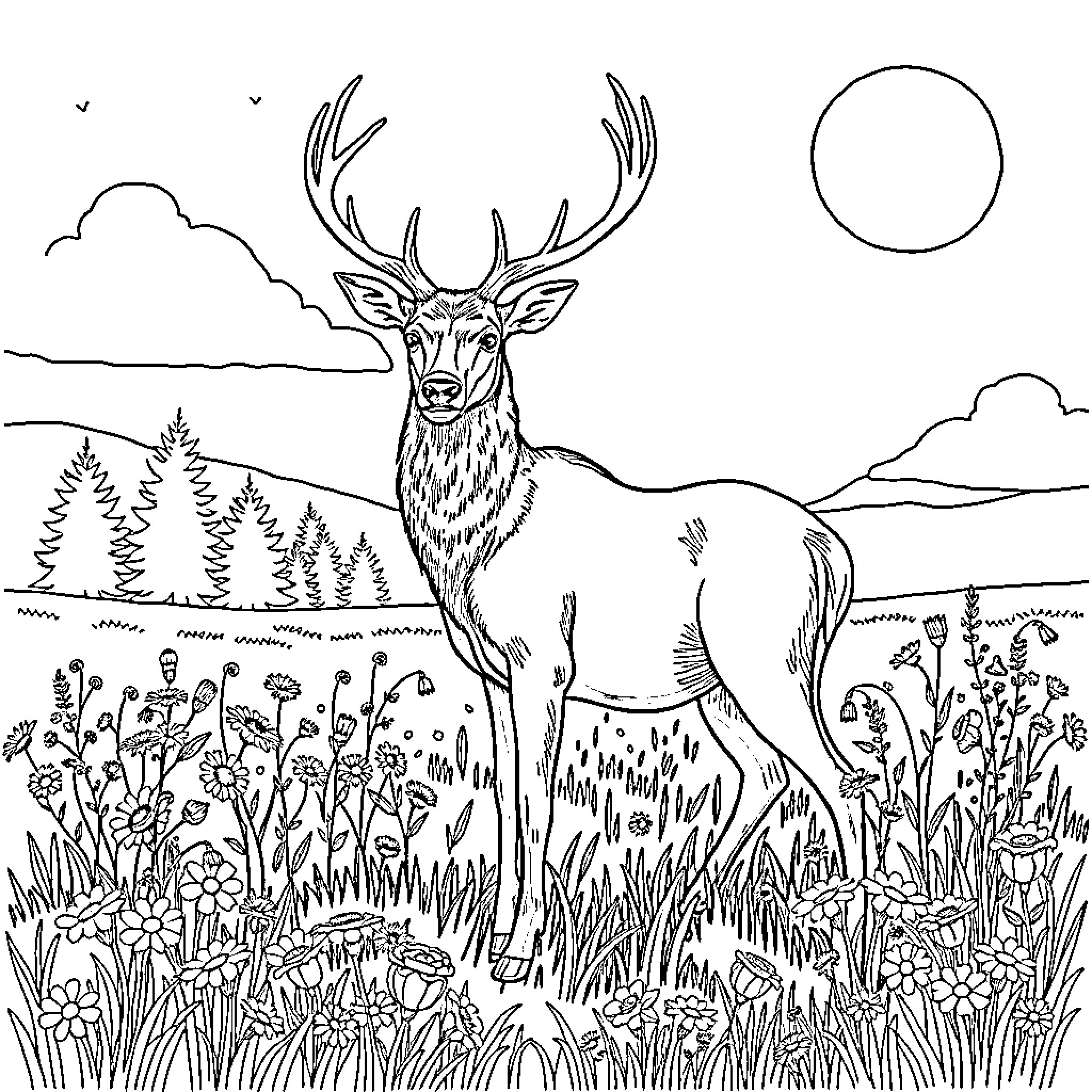 Elk standing amidst lush vegetation in natural landscape Coloring Page (free black-and-white line drawing printable PDF for all, from beginners to advanced learners, including children, teens, adults, and seniors)