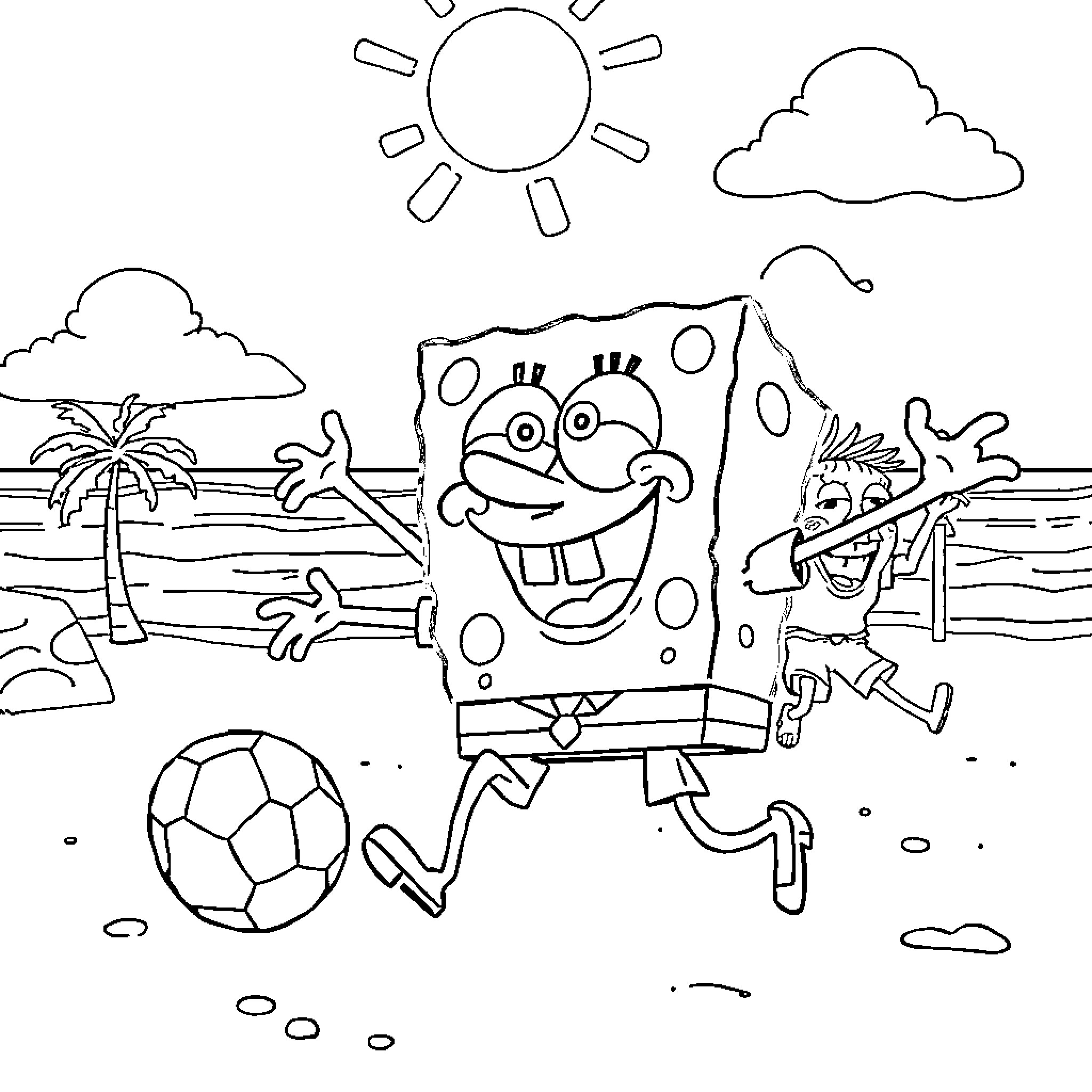 Spongebob playing with soccer ball on the beach Coloring Page (free black-and-white line drawing printable PDF for all, from beginners to advanced learners, including children, teens, adults, and seniors)