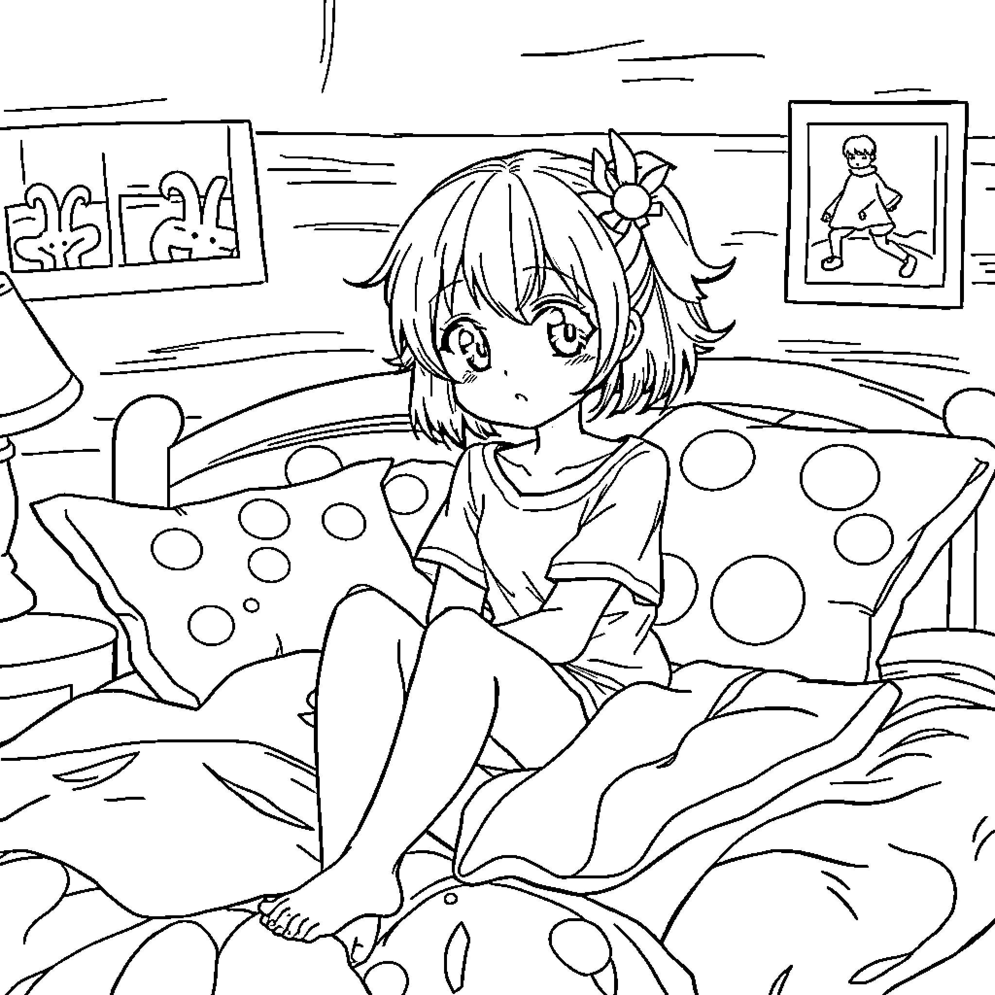 Anime Girl sitting on polka dot bed Coloring Page (free black-and-white line drawing printable PDF for all, from beginners to advanced learners, including children, teens, adults, and seniors)