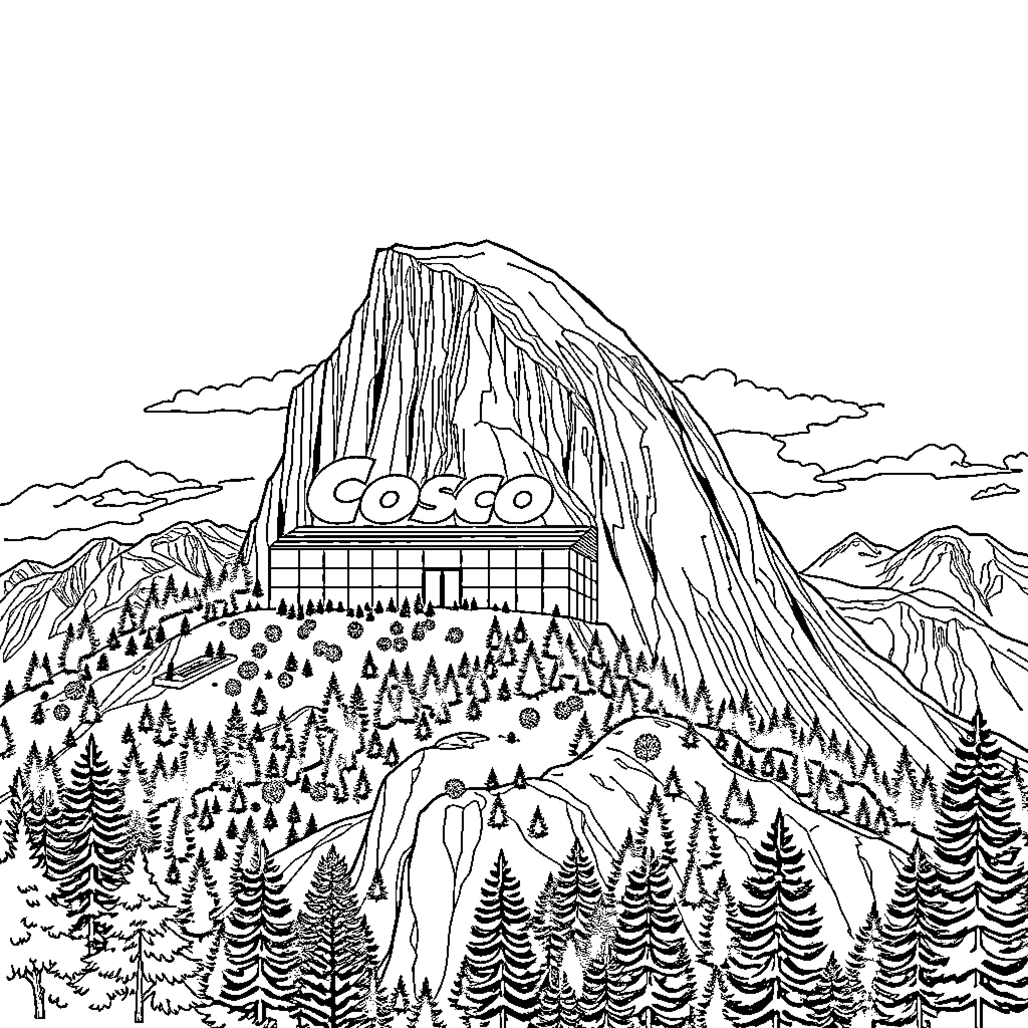 Costco store in a mountainous landscape Coloring Page (free black-and-white line drawing printable PDF for all, from beginners to advanced learners, including children, teens, adults, and seniors)