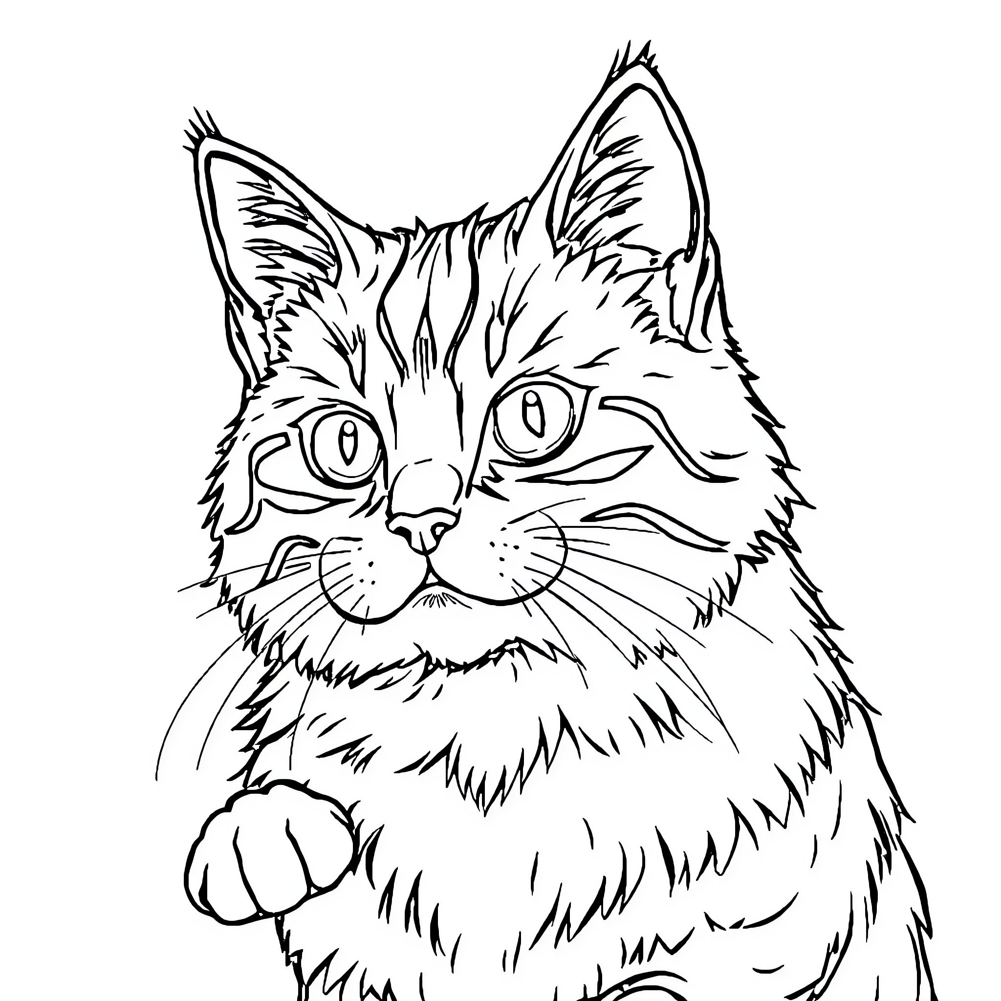 Cat Sitting Attentively Coloring Page (free black-and-white line drawing printable PDF for all, from beginners to advanced learners, including children, teens, adults, and seniors)