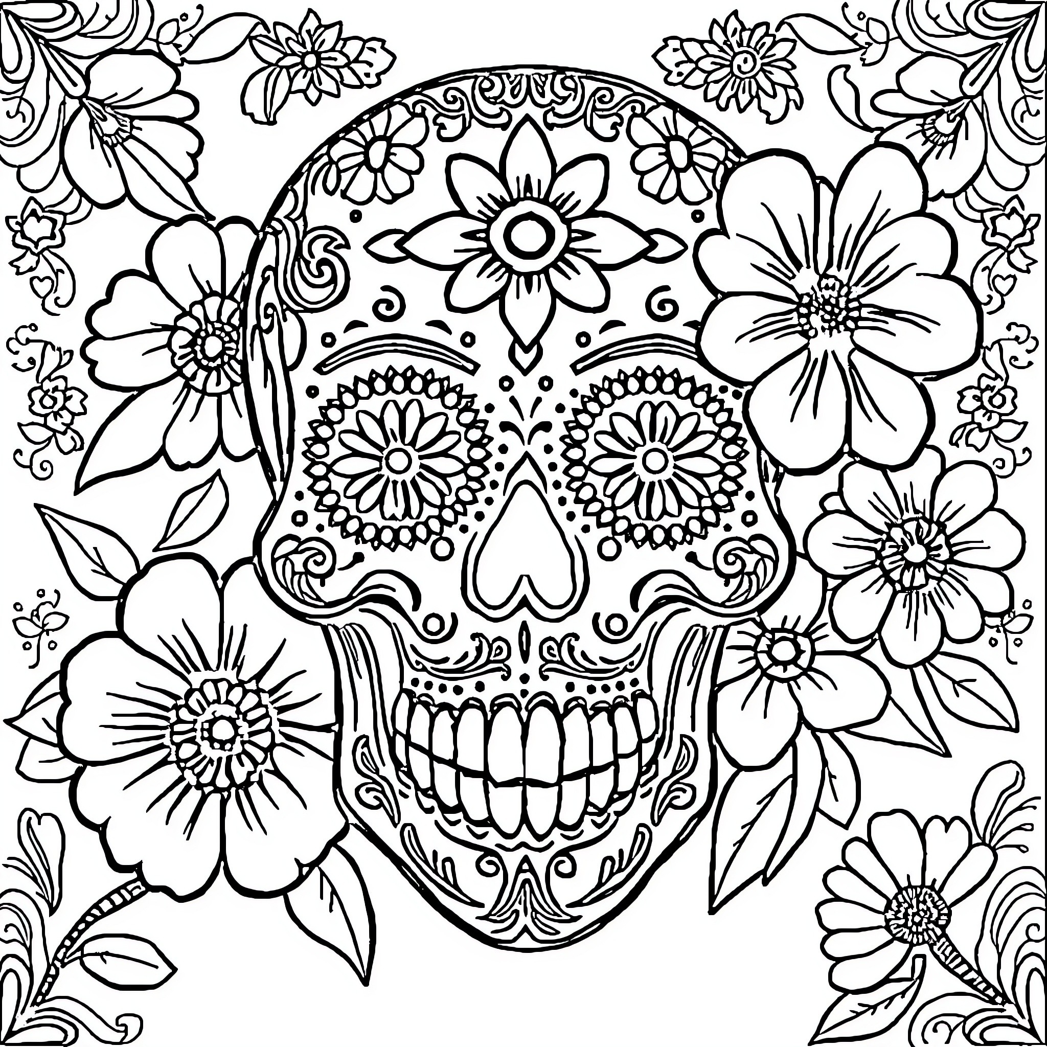 Sugar Skull with Intricate Floral Designs Coloring Page (free black-and-white line drawing printable PDF for all, from beginners to advanced learners, including children, teens, adults, and seniors)