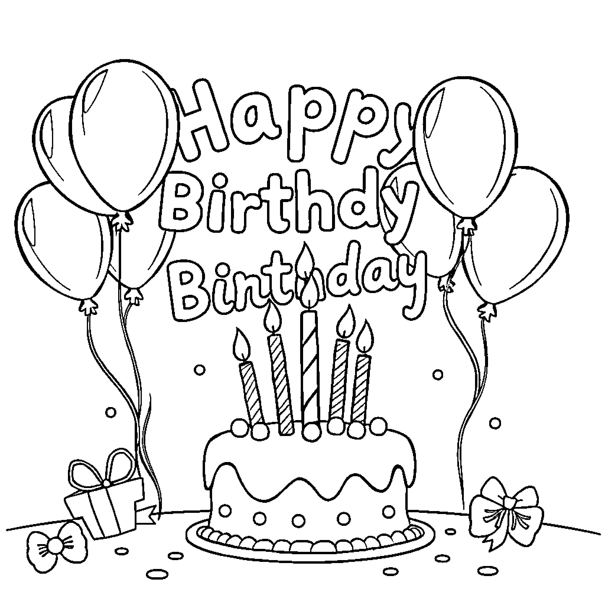 Birthday party with cake and balloons Coloring Page (free black-and-white line drawing printable PDF for all, from beginners to advanced learners, including children, teens, adults, and seniors)