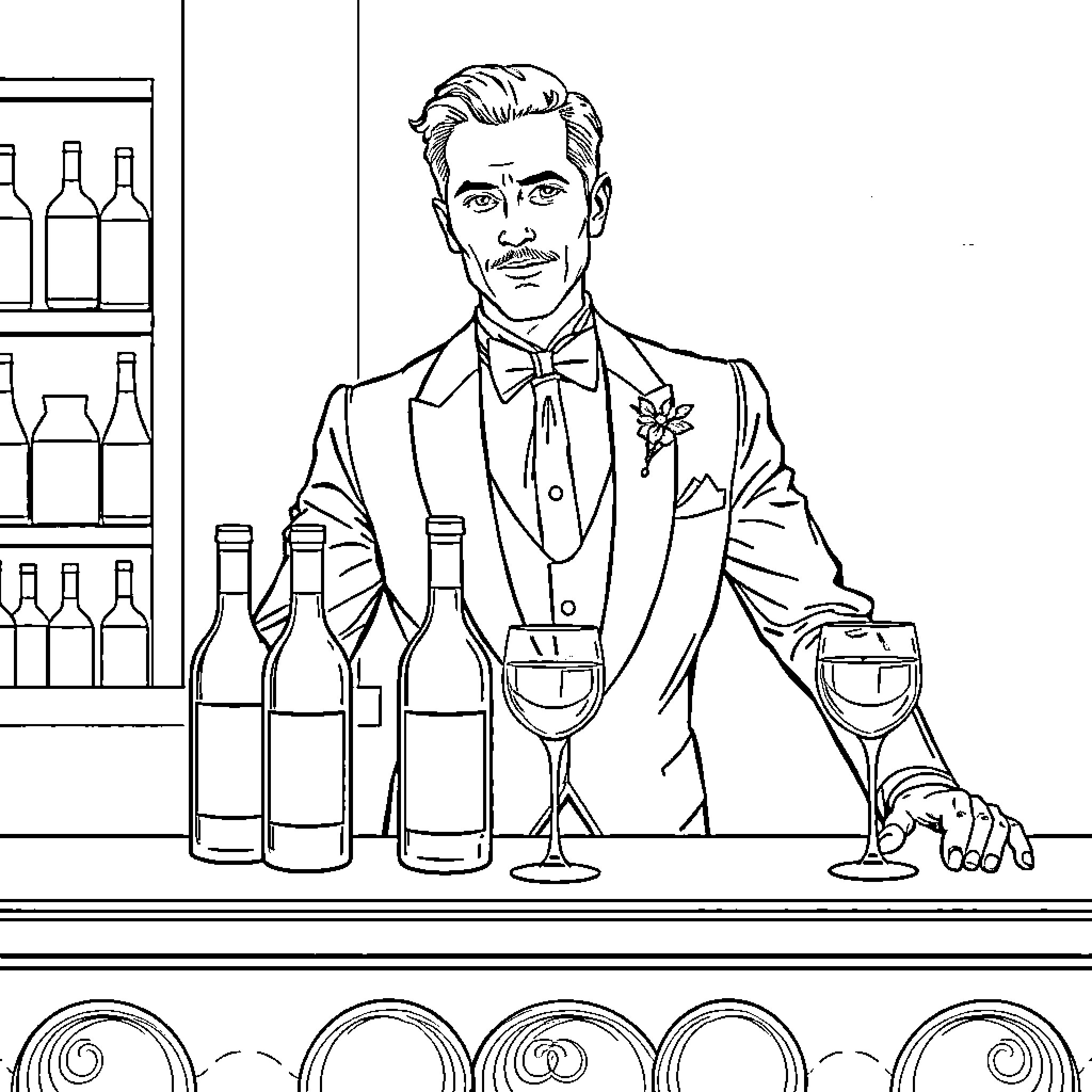 Hombre dapper dressed serving wine at bar Coloring Page (free black-and-white line drawing printable PDF for all, from beginners to advanced learners, including children, teens, adults, and seniors)