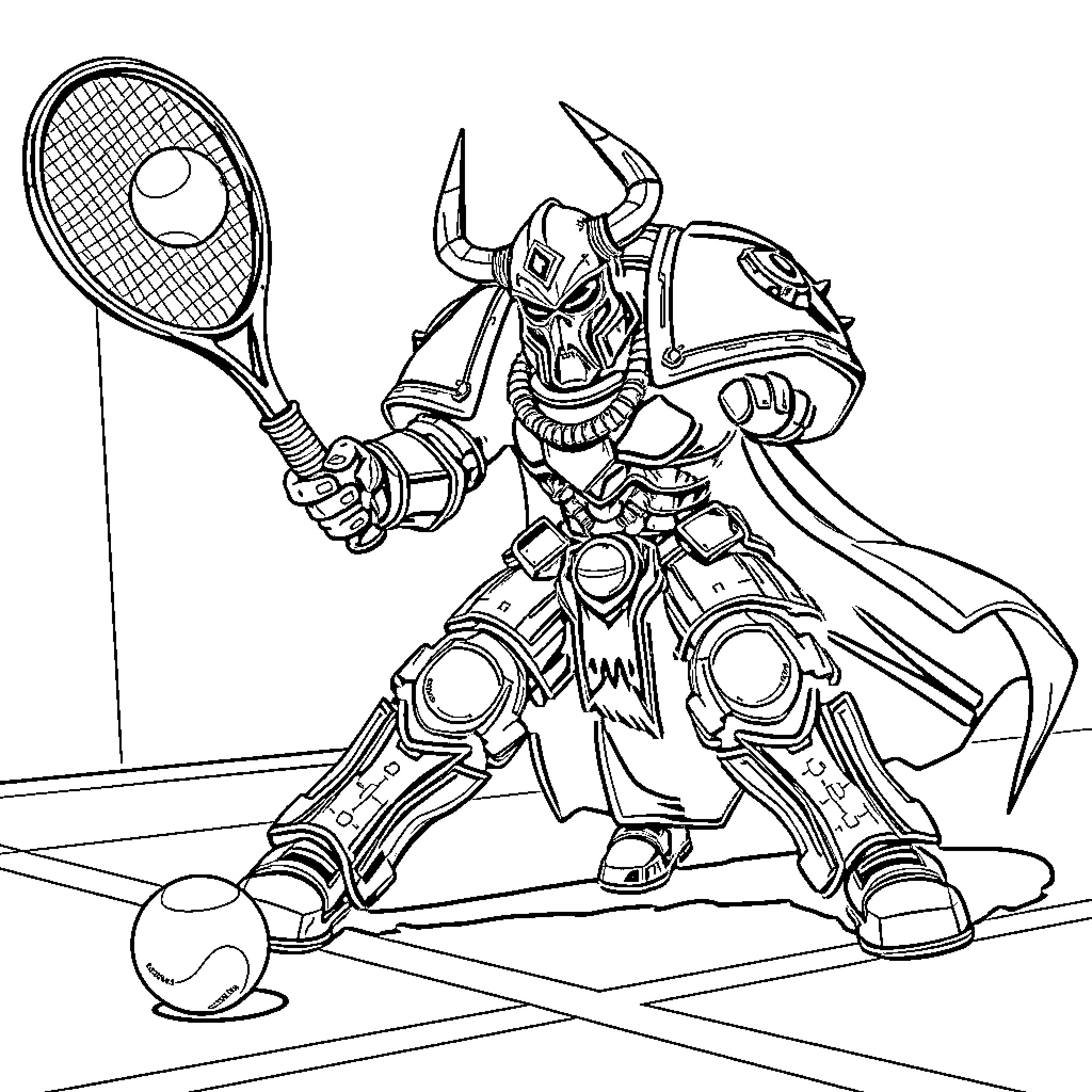 Chaos Marine Preparing for Tennis Match Coloring Page (free black-and-white line drawing printable PDF for all, from beginners to advanced learners, including children, teens, adults, and seniors)