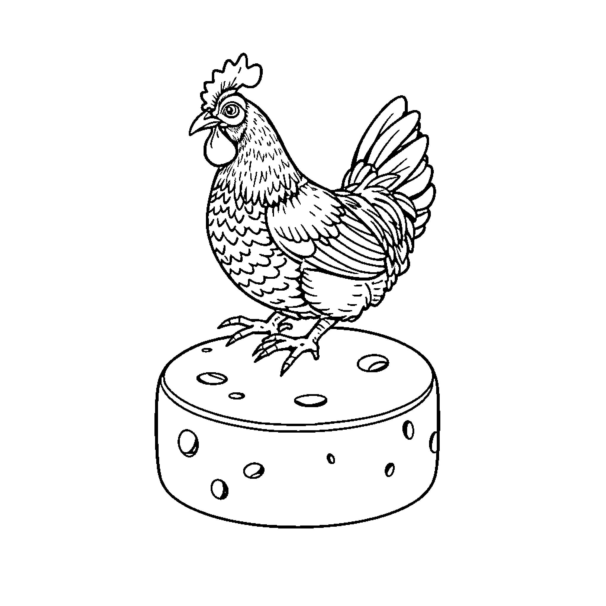 Chicken standing on spotted cheese Coloring Page (free black-and-white line drawing printable PDF for all, from beginners to advanced learners, including children, teens, adults, and seniors)