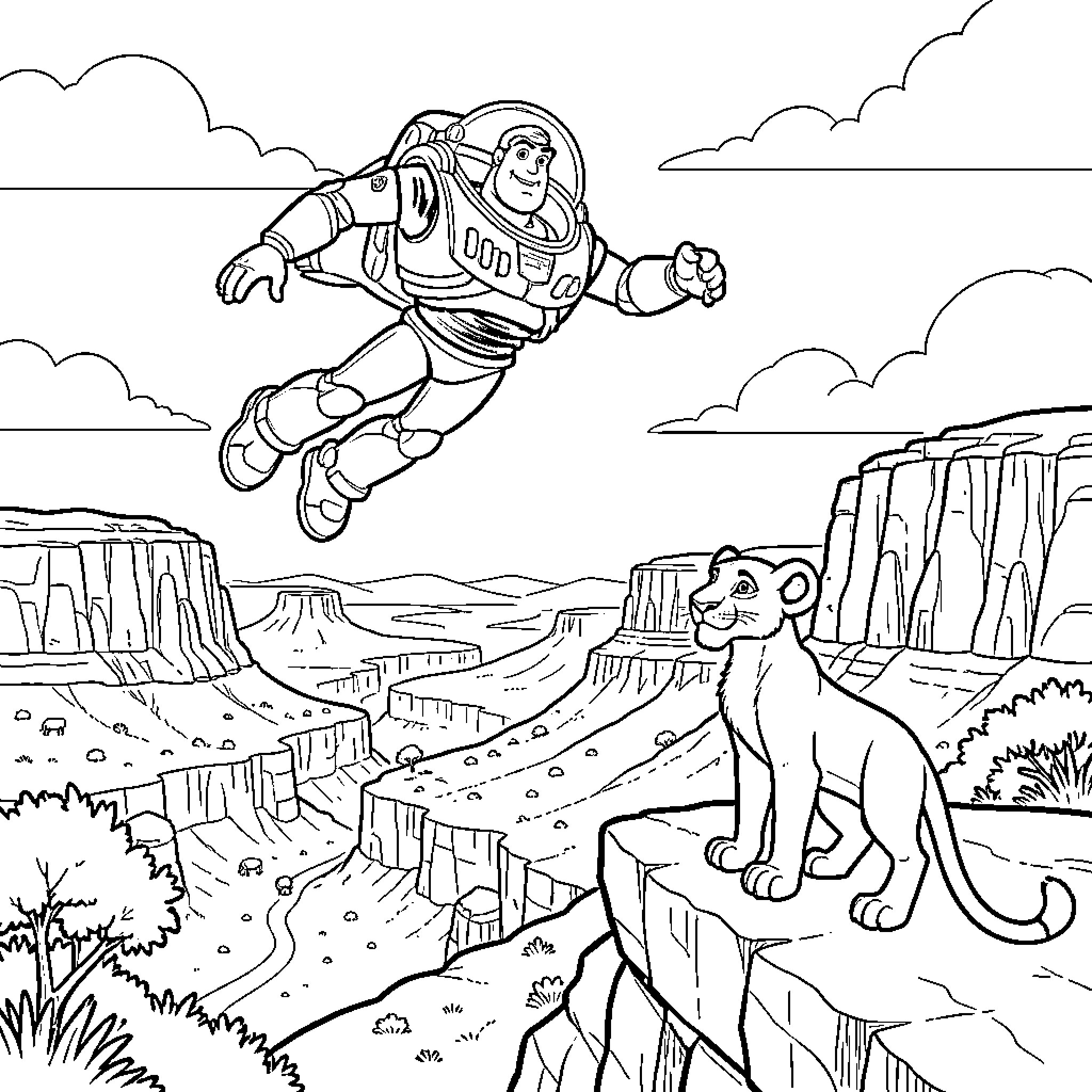 Buzz Lightyear flying through a canyon landscape Coloring Page (free black-and-white line drawing printable PDF for all, from beginners to advanced learners, including children, teens, adults, and seniors)