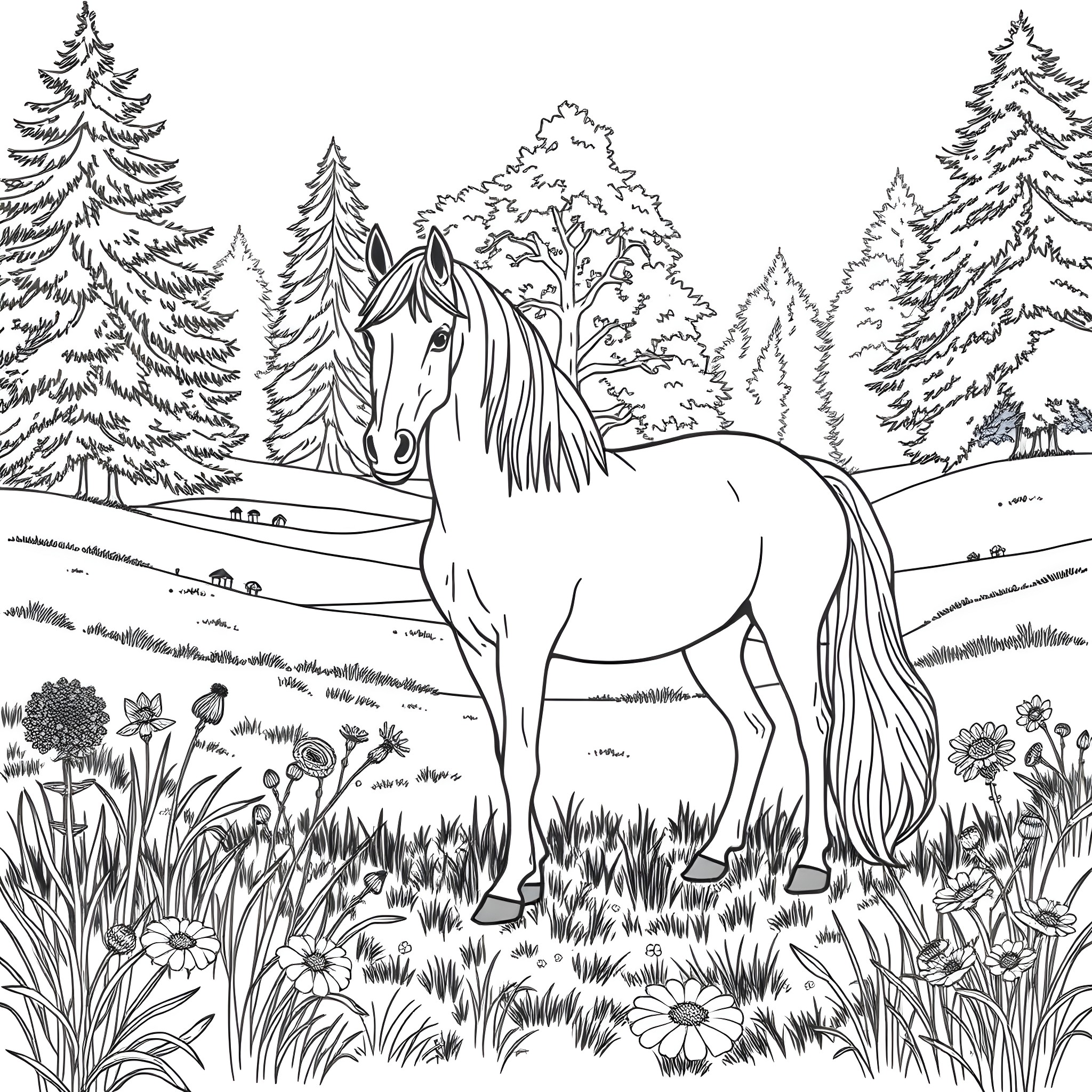 Friesian Horse in Enchanting Forest Landscape Coloring Page (free black-and-white line drawing printable PDF for all, from beginners to advanced learners, including children, teens, adults, and seniors)