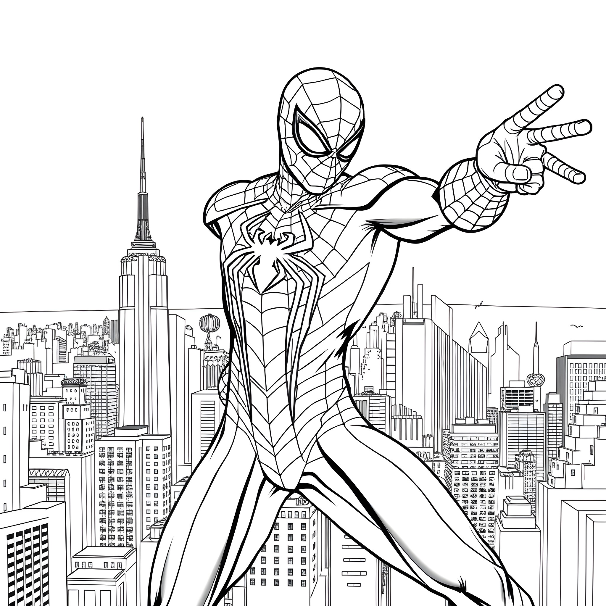 Supersonic Spider-Man saving the city Coloring Page (free black-and-white line drawing printable PDF for all, from beginners to advanced learners, including children, teens, adults, and seniors)