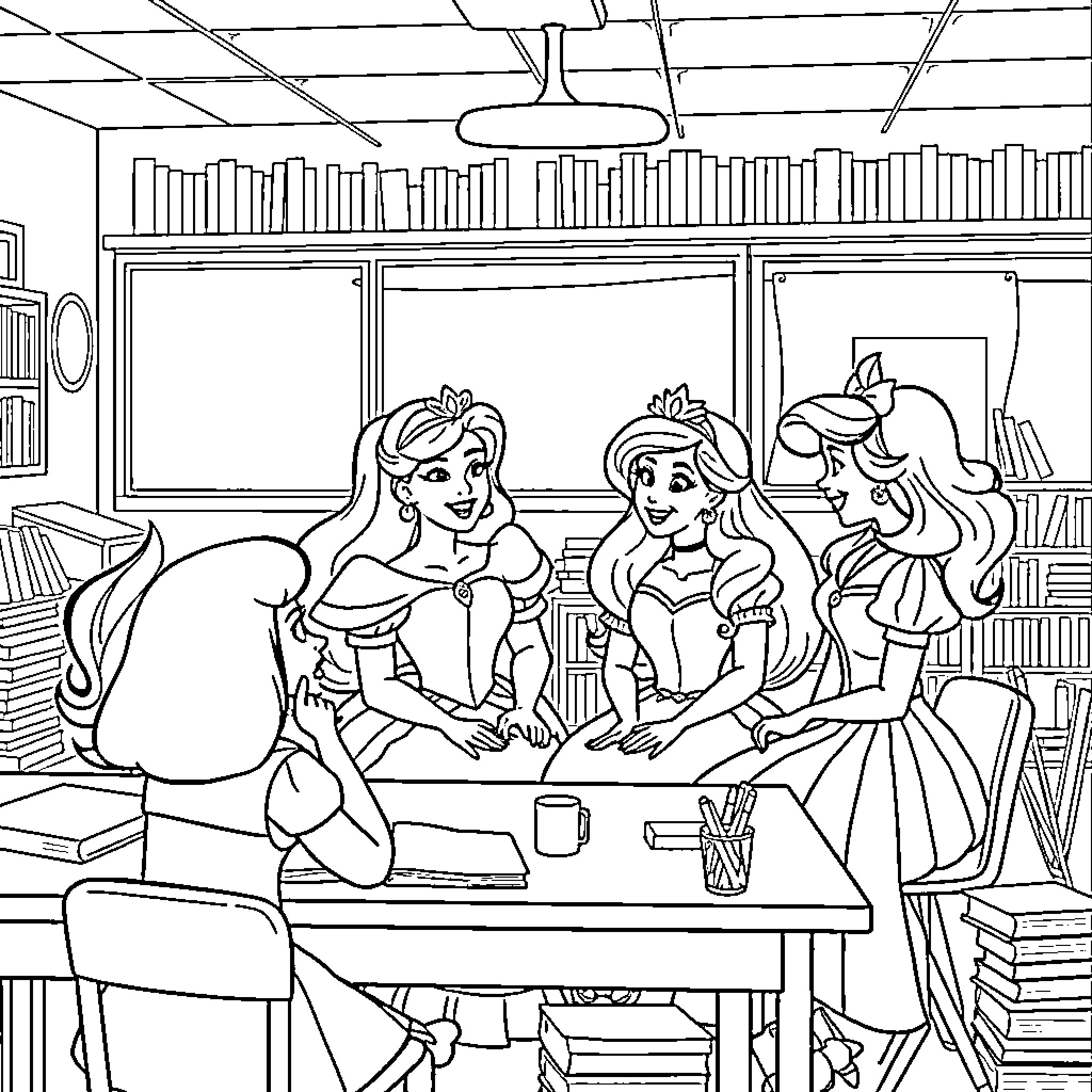 Disney Princesses Studying and Discussing Together Coloring Page (free black-and-white line drawing printable PDF for all, from beginners to advanced learners, including children, teens, adults, and seniors)