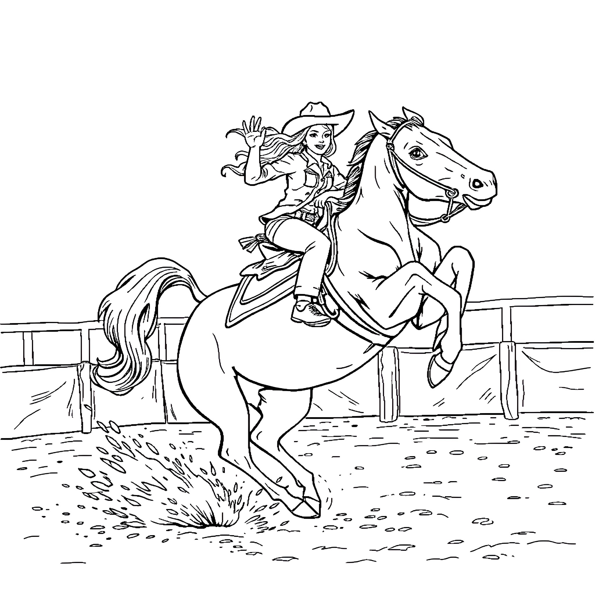 Cowgirl riding energetically on a galloping horse Coloring Page (free black-and-white line drawing printable PDF for all, from beginners to advanced learners, including children, teens, adults, and seniors)